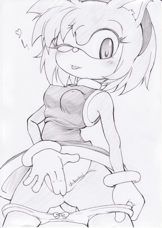 amy_rose breasts nipples panties panties_around_leg panties_down sketch sonic_(series) upskirt wink zoncrown