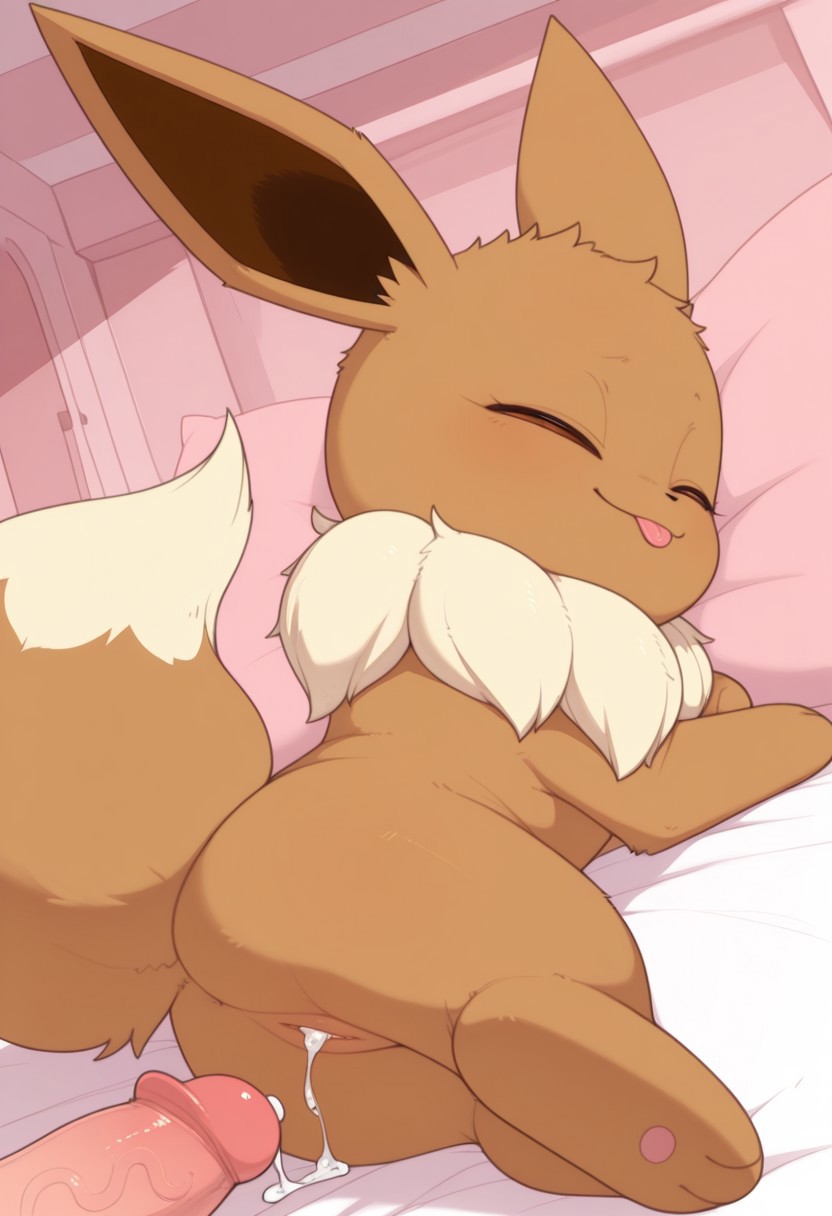 after sex, after vaginal, ai generated, anguirus12345, bodily fluids, brown body, brown fur, closed eyes, cum, cum from pussy, cum in pussy, cum inside, disembodied penis, duo, eevee, female, feral, fur, generation 1 pokemon, genital fluids, genitals, hi res, humanoid genitalia, humanoid penis, male, male/female, nintendo, penis, pokemon, pokemon (species), pussy, tongue, tongue out