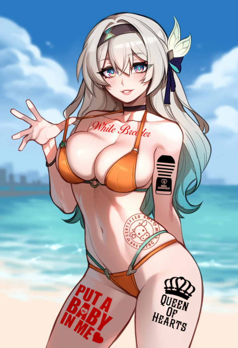 1girls, ai generated, bikini, bleached, female, firefly (honkai: star rail), honkai (series), honkai: star rail, queen of hearts, tattoo, third-party edit