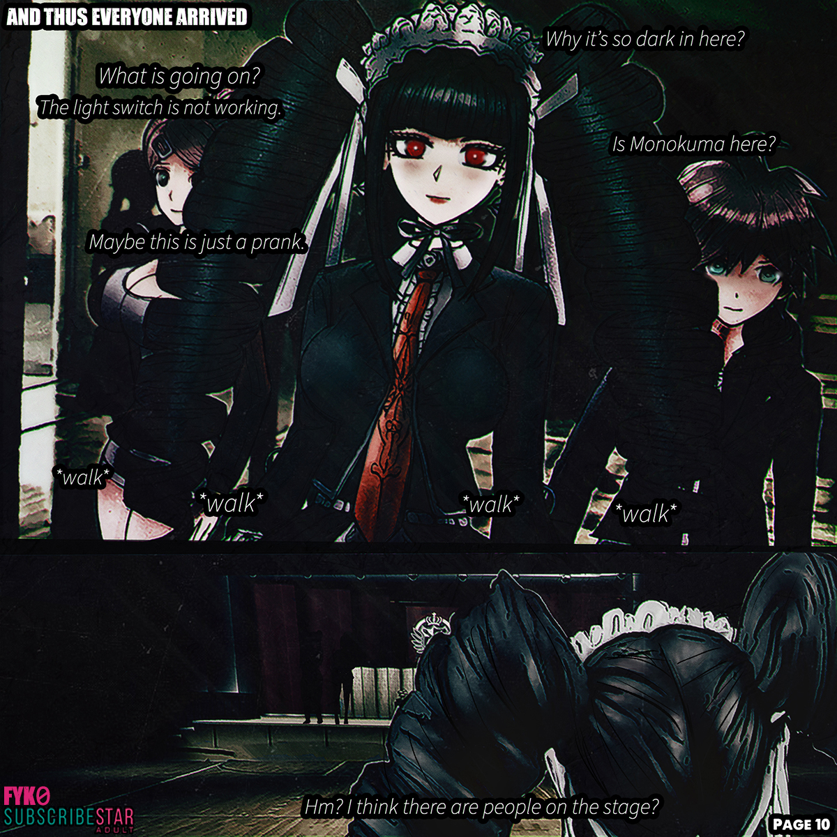 asahina aoi, black clothing, celestia ludenberg, comic, comic page, danganronpa, dark room, dress, dressed, female, female focus, fyk0, gothic girl, human, humanoid, male, naegi makoto, red eyes, text, twintails