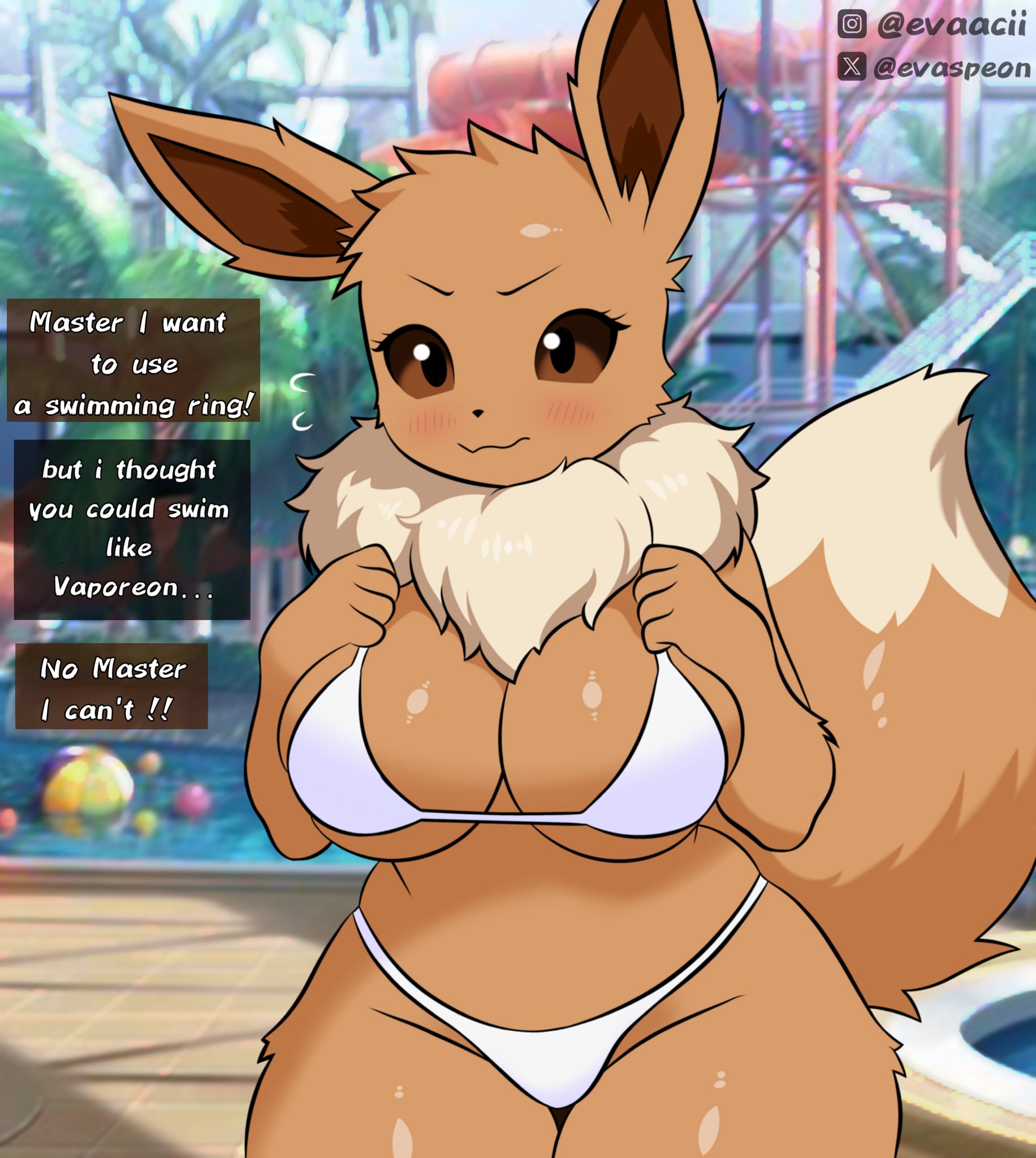 2025, anthro, anthrofied, big breasts, black eyes, blush, bra, breast squish, breasts, brown body, brown fur, brown sclera, cleavage, clothed, clothing, dialogue, digital media (artwork), eevee, english text, evaacii, female, fur, generation 1 pokemon, hi res, looking at viewer, master, neck tuft, nintendo, offscreen character, panties, pokemon, pokemon (species), pokemorph, solo, squish, tail, text, thick thighs, tuft, underwear, wide hips