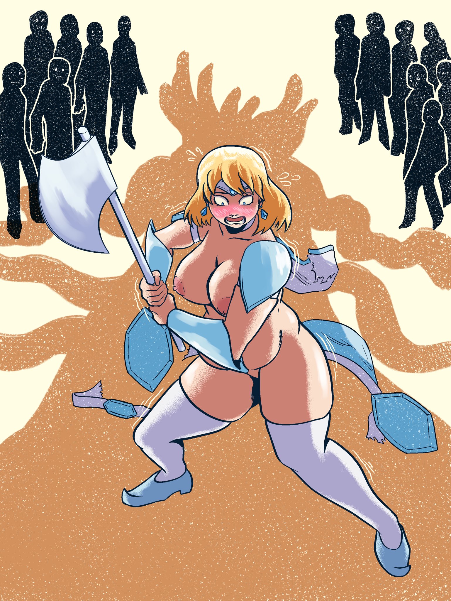armor, armored, armored female, art trade, axe, battle axe, bbw, belt, big breasts, blonde female, blonde hair, blue eyes, breasts, clothing damage, clothing fell apart, clothing on floor, clothing on ground, crown, crown only, cryokinesis, devildances, earrings, embarrassed, embarrassed female, embarrassed nude exposure, embarrassed nude female, enf, female, fight, fighting monster, frostbite (gp spices), gp spices, heels, heels only, ice, in public, monster, monster fight, original, original art, original artwork, original character, public exposure, public humiliation, public nudity, ripped clothing, ripped pants, shoes, shoes only, short hair, superhero, warrior