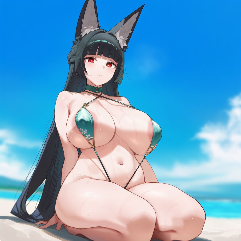 ai generated, animal ear fluff, animal ears, areolae, bangs, beach, black hair, blunt bangs, breasts, cloud, collar, curvy, day, female, fox ears, hoshimi miyabi, huge breasts, long hair, looking at viewer, navel, ocean, outdoors, parted lips, plump, racerai, red eyes, sitting, sky, sling bikini, slingshot swimsuit, solo, swimsuit, thick thighs, thighs, very long hair, zenless zone zero