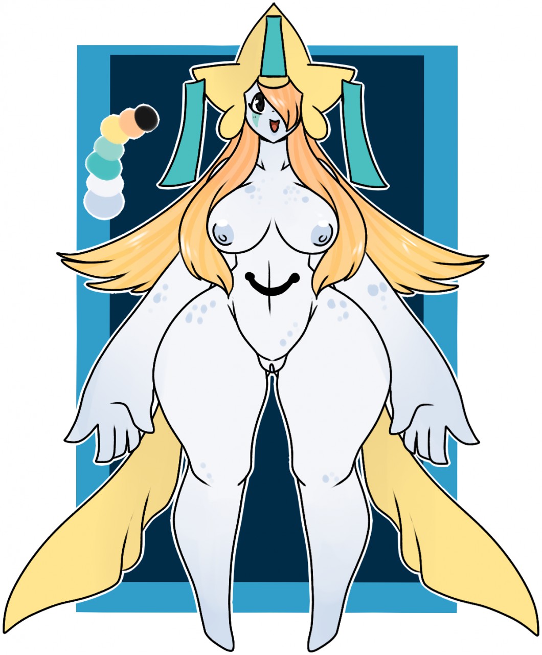 anthro big_breasts blonde_hair breasts demonnyuu female hair jirachi legendary_pokemon long_hair nintendo nipples nude open_mouth original_character pokémon_(species) pokemon pokemon_(species) pussy rule_63 simple_background smile solo standing thick_thighs video_games wide_hips