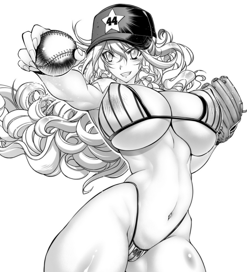 1girls, athletic, baseball (ball), baseball cap, breasts, female, large breasts, long hair, monochrome, rakko, rakko (r2), sandy bash, suketto sanjou!!, tagme