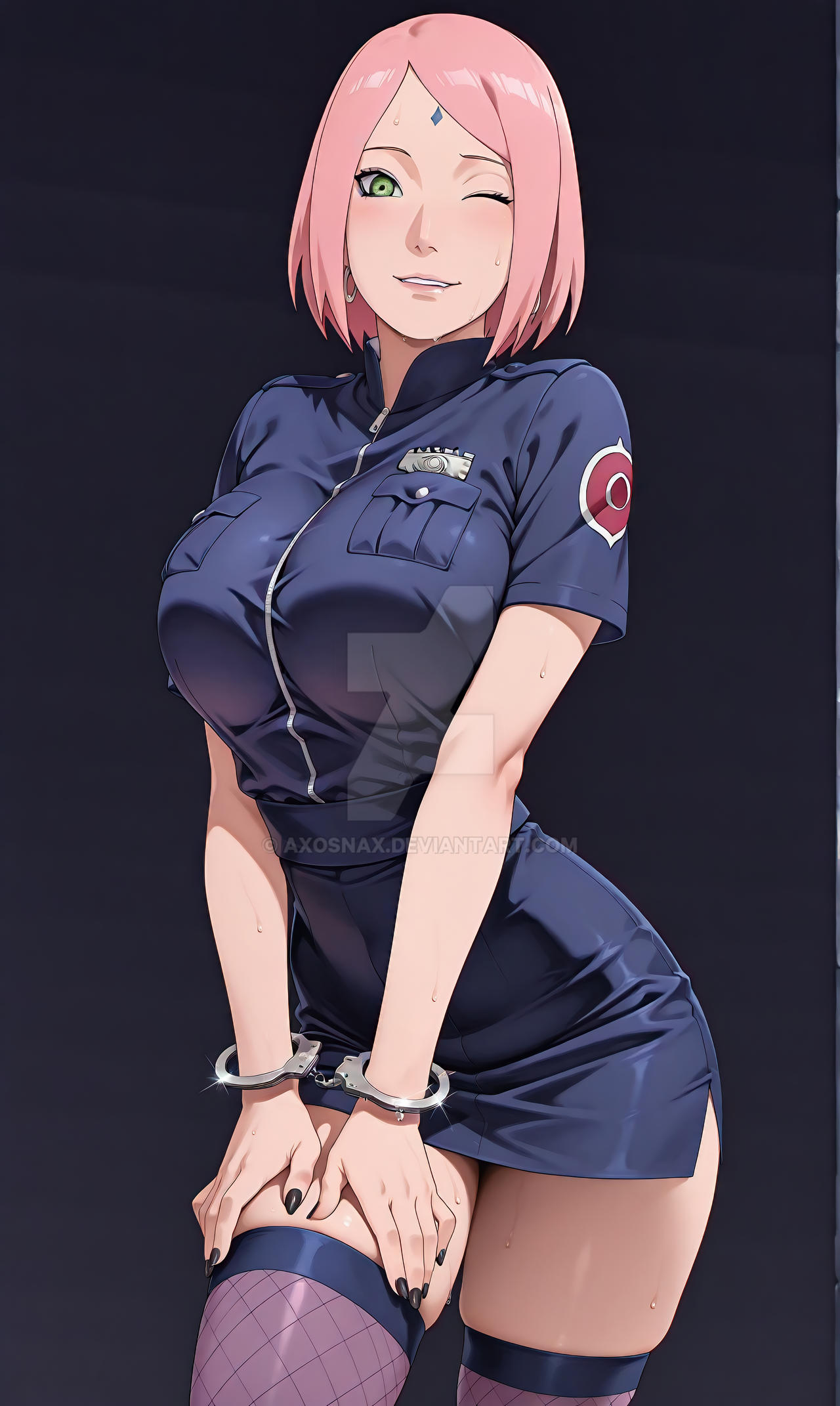 1girls, ai generated, axosnax, big breasts, bondage, boruto: naruto next generations, breasts, female, female only, fishnet stockings, fishnets, handcuffed, handcuffs, naruto, naruto (series), police uniform, sakura haruno, solo, wink, winking at viewer
