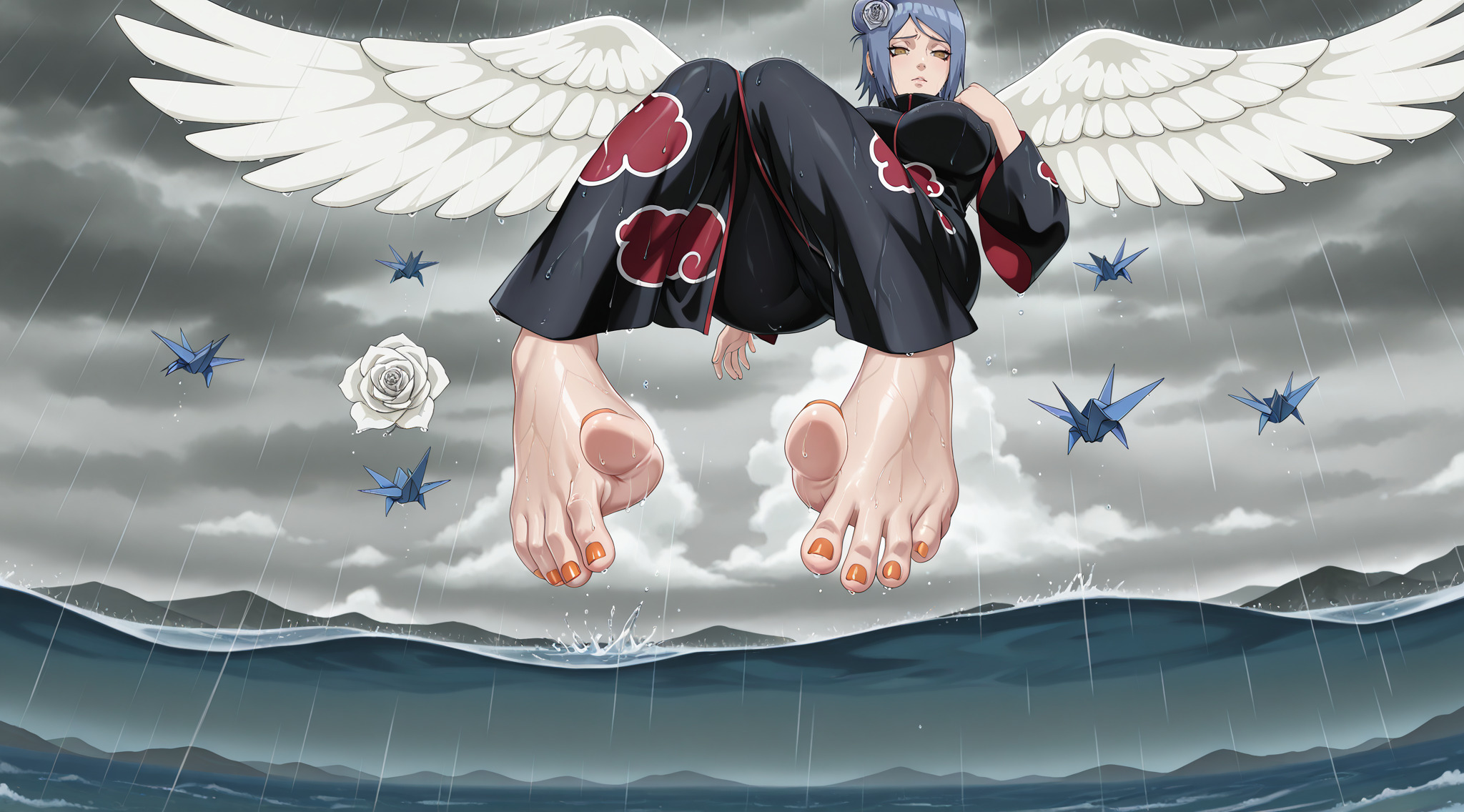 1girls, ai generated, akatsuki (naruto), big breasts, blue hair, breasts, ca1nhurst, feet, female, flying, foot fetish, foot focus, konan, naruto, naruto (series), naruto shippuden, orange toenails, origami, raindrops, raining, sea, short hair, soles, spread toes, storm, toes, water, wet feet, wings