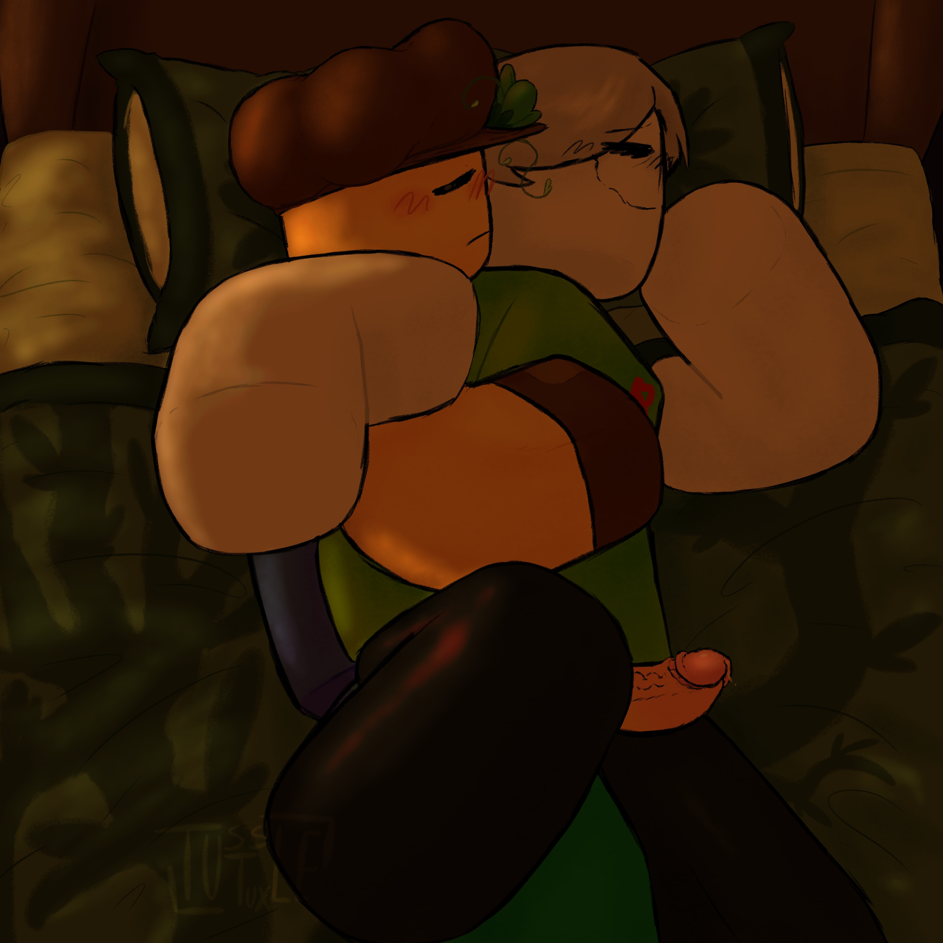 2boys, bed, block tales, blocky anatomy, blocky body, blush, circumcised, color, cuddling, doodle, erection, gay, gloves, grey hair, hat, legal age difference, male, mayor thaniyel (block tales), older male, original character, penis, precum, roblox, roblox game, robloxian, self upload, sleepy, smiling, tagme, thigh sex, tussletux, wholesome