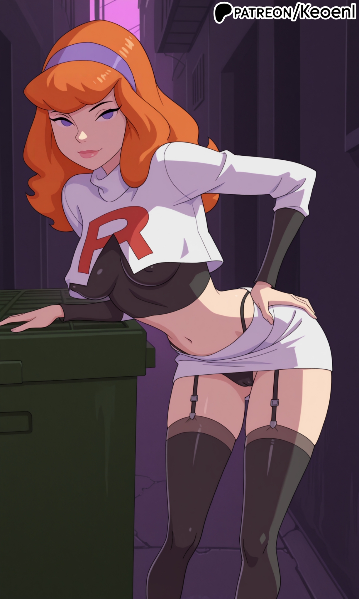 1girls, accurate art style, ai generated, alley, big ass, big breasts, blush, breasts, cartoon network, commission, corruption, cosplay, crossover, daphne blake, daphne blake (mystery incorporated), dress, embarrassed, female, female only, ginger, ginger hair, hair accessory, hairband, hard nipples, hi res, highleg, highleg panties, keoenl, latex, light skin, light-skinned female, lips, long hair, looking at viewer, medium breasts, midriff, miniskirt, moon, natural breasts, navel, night, nipple bulge, nipples, panties, panty straps, park, parted lips, patreon, pokemon, prostitute, prostitution, public, purple eyes, red hair, scarf, scooby-doo, scooby-doo! mystery incorporated, seductive, skirt, team rocket, team rocket uniform, thick thighs, thighhighs, topwear, warner brothers, wide hips