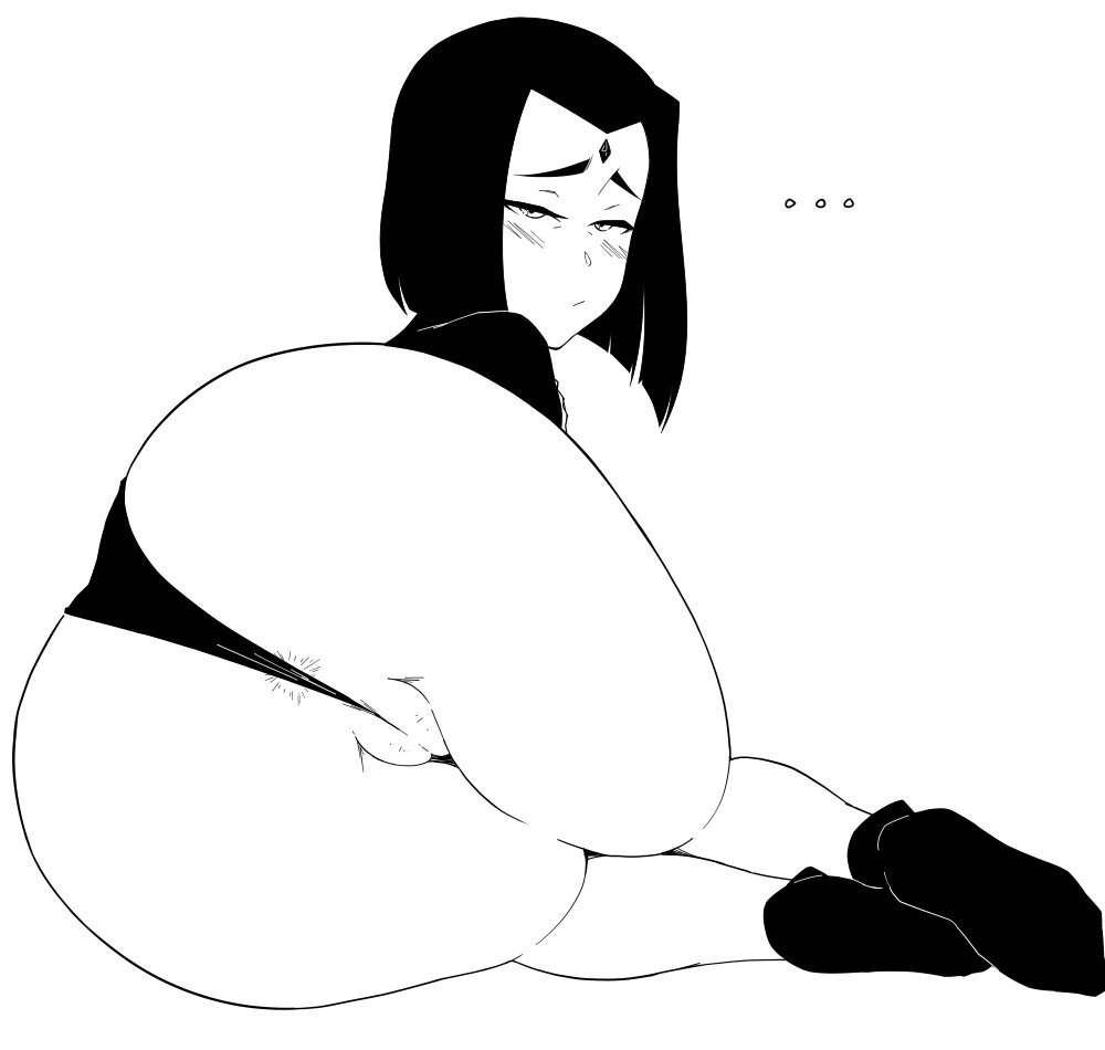 1girls, ass, dc, dc comics, female, female only, khexxi, looking at viewer, looking back, monochrome, pussy, rachel roth, raven (dc), solo, teen titans, teen titans go