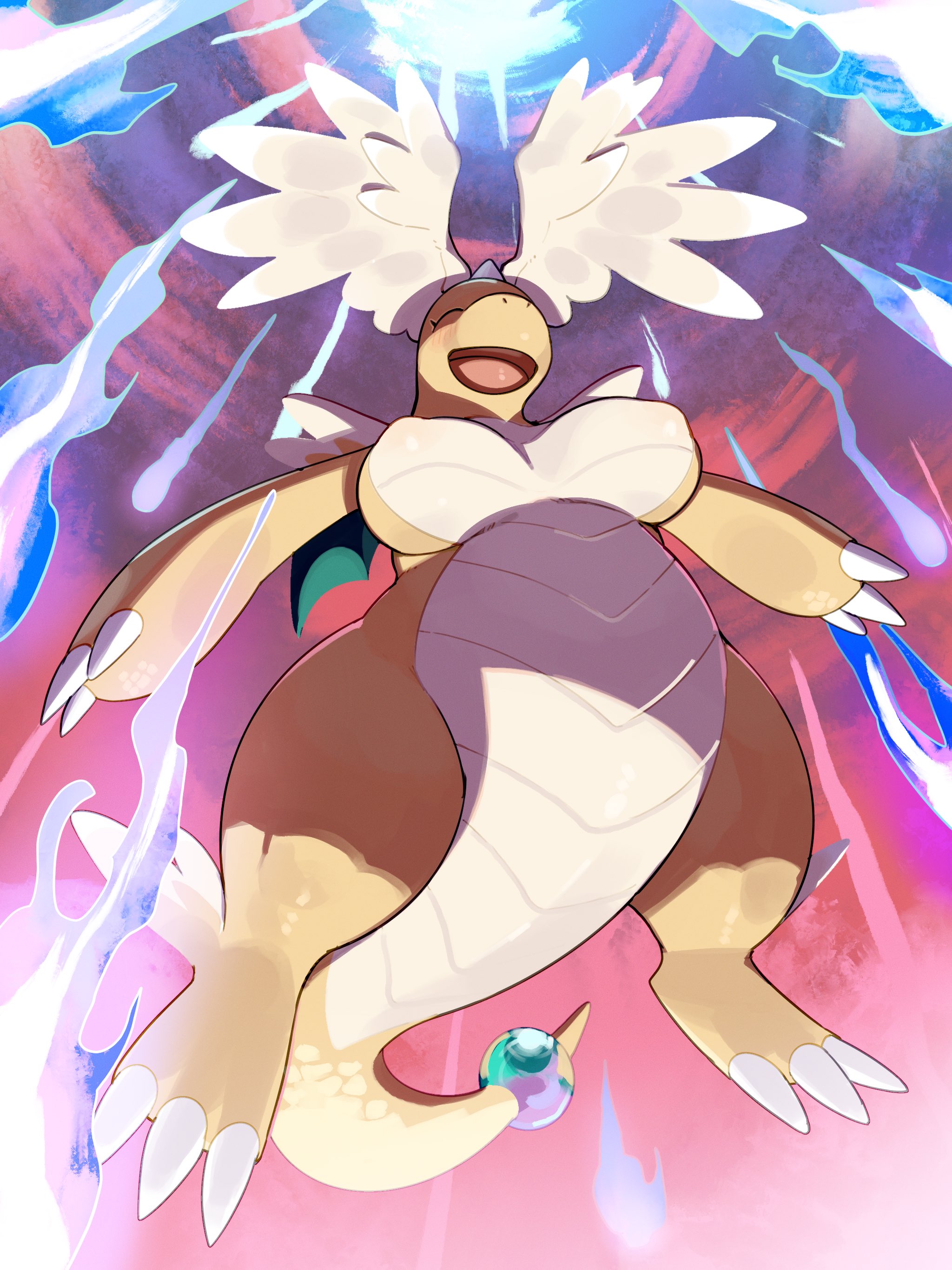 2025, 3 fingers, 3 toes, anthro, areola, big breasts, breasts, claws, closed eyes, digital media (artwork), featureless crotch, feet, female, finger claws, fingers, front view, game freak, generation 1 pokemon, generation 9 pokemon, hi res, kame 3, low-angle view, mammal, mega dragonite, nintendo, nipple outline, nipples, non-mammal breasts, non-mammal nipples, nude, nude anthro, nude female, open mouth, open smile, orange body, orange tail, pokemon, pokemon (species), pokemon legends: z-a, pokemorph, scales, smile, solo, tail, thick thighs, toe claws, toes, tongue, ventral scales, wide hips