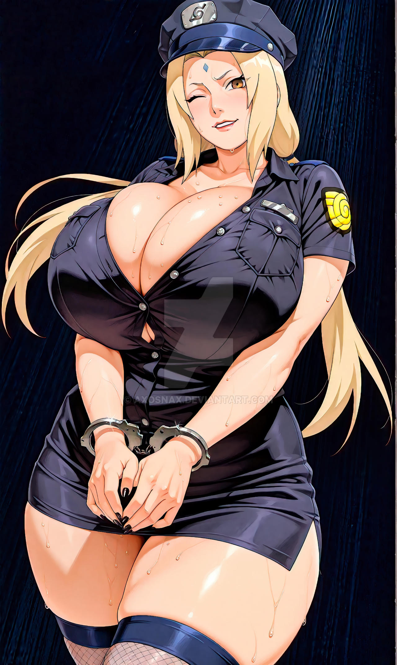 ai generated, axosnax, big breasts, bondage, breasts, breasts bigger than head, busty, female, fishnet stockings, fishnets, handcuffed, handcuffs, huge breasts, naruto, naruto (series), police uniform, tsunade