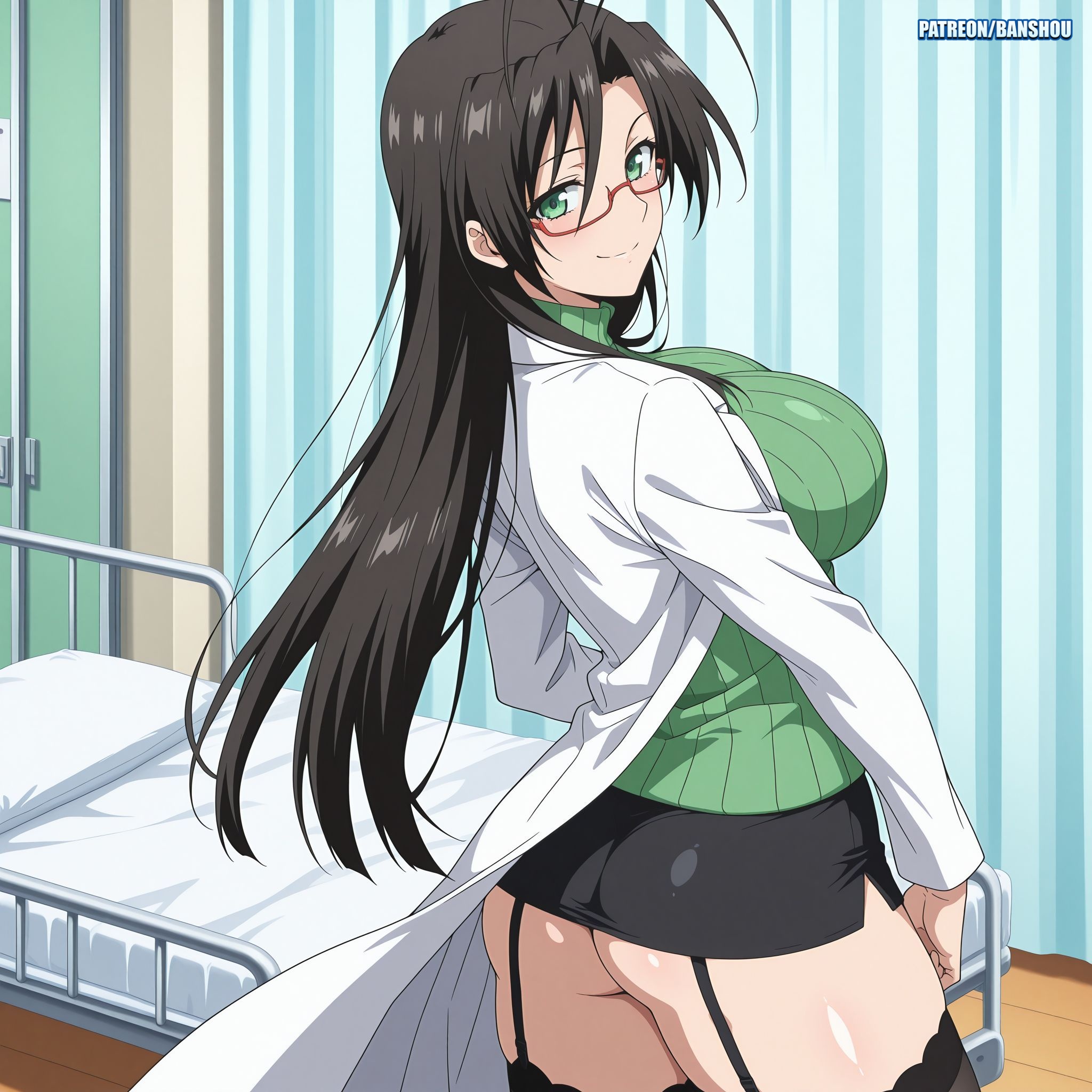 1girls, ahoge, ai generated, artist name, ass, ass focus, ass hanging out of skirt, banshou, big breasts, black skirt, breasts, brown hair, bubble ass, bubble butt, busty, butt crack, clothed, clothing, coat, commentary, cowboy shot, eyewear, female, female focus, female only, fully clothed, garter belt, garter straps, glasses, green eyes, green sweater, hasegawa chisato, hi res, huge breasts, indoors, infirmary, labcoat, light skin, light-skinned female, lingerie, long coat, looking at viewer, looking back, mature, mature female, mature woman, megane, milf, miniskirt, no panties, no panties under skirt, nurse, parted bangs, patreon username, pencil skirt, presenting, presenting ass, presenting hindquarters, rear view, red-framed eyewear, school, school nurse, shinmai maou no testament, smile, solo, solo focus, stockings, teacher, teasing, turtleneck, turtleneck sweater, underass, upper body, url, very long hair, voluptuous, watermark, web address, white coat, white skin