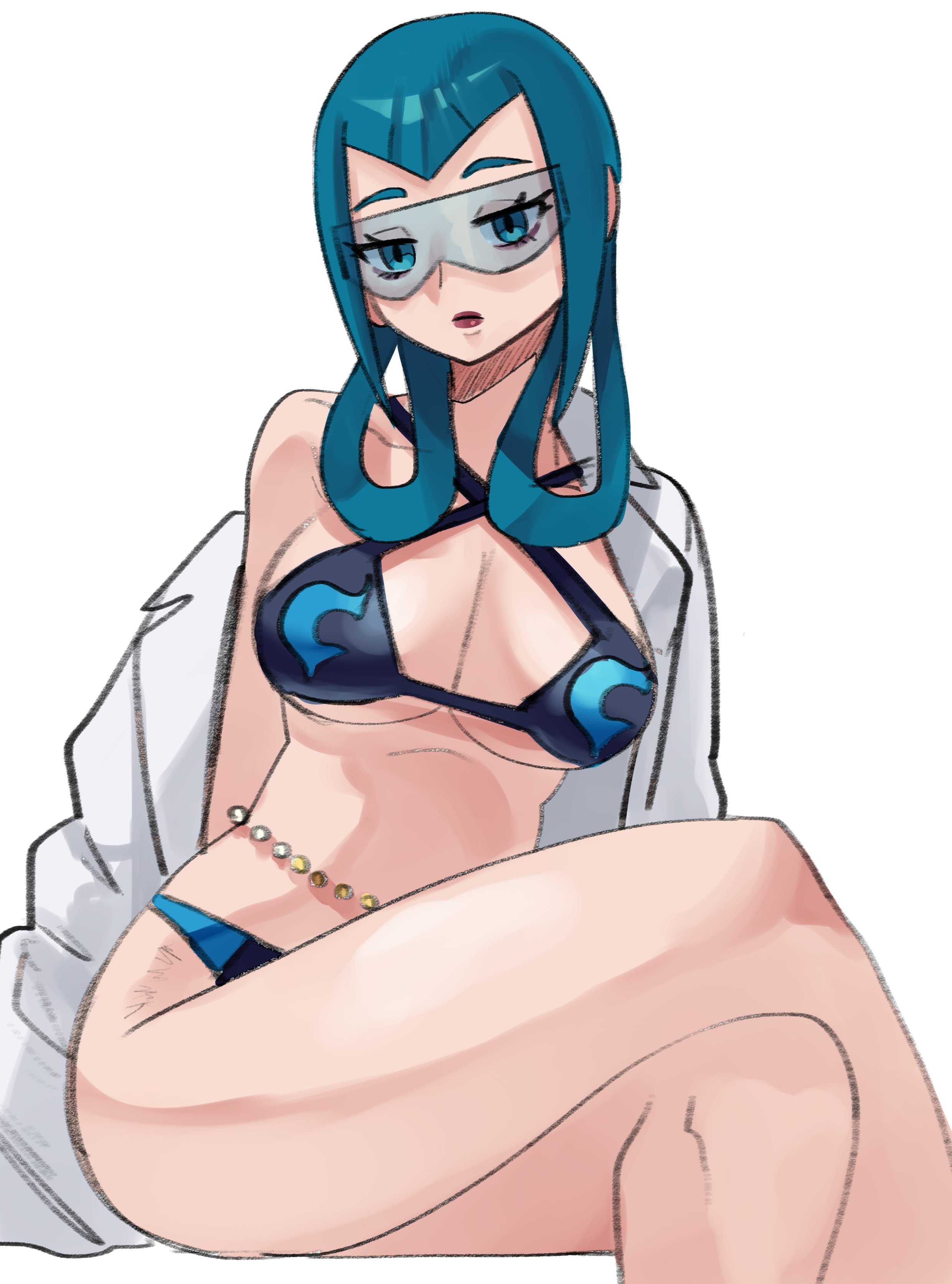 bikini, blue eyes, blue hair, game freak, glasses, half-closed eyes, labcoat, lipstick, mable (pokemon legends: z-a), mable (pokemon), momiji (pokemon legends: z-a), momiji (pokemon), nintendo, pokemon, pokemon legends: z-a, seductive, solo, tagme, team flare, tinted eyewear, wanderjegson, white background