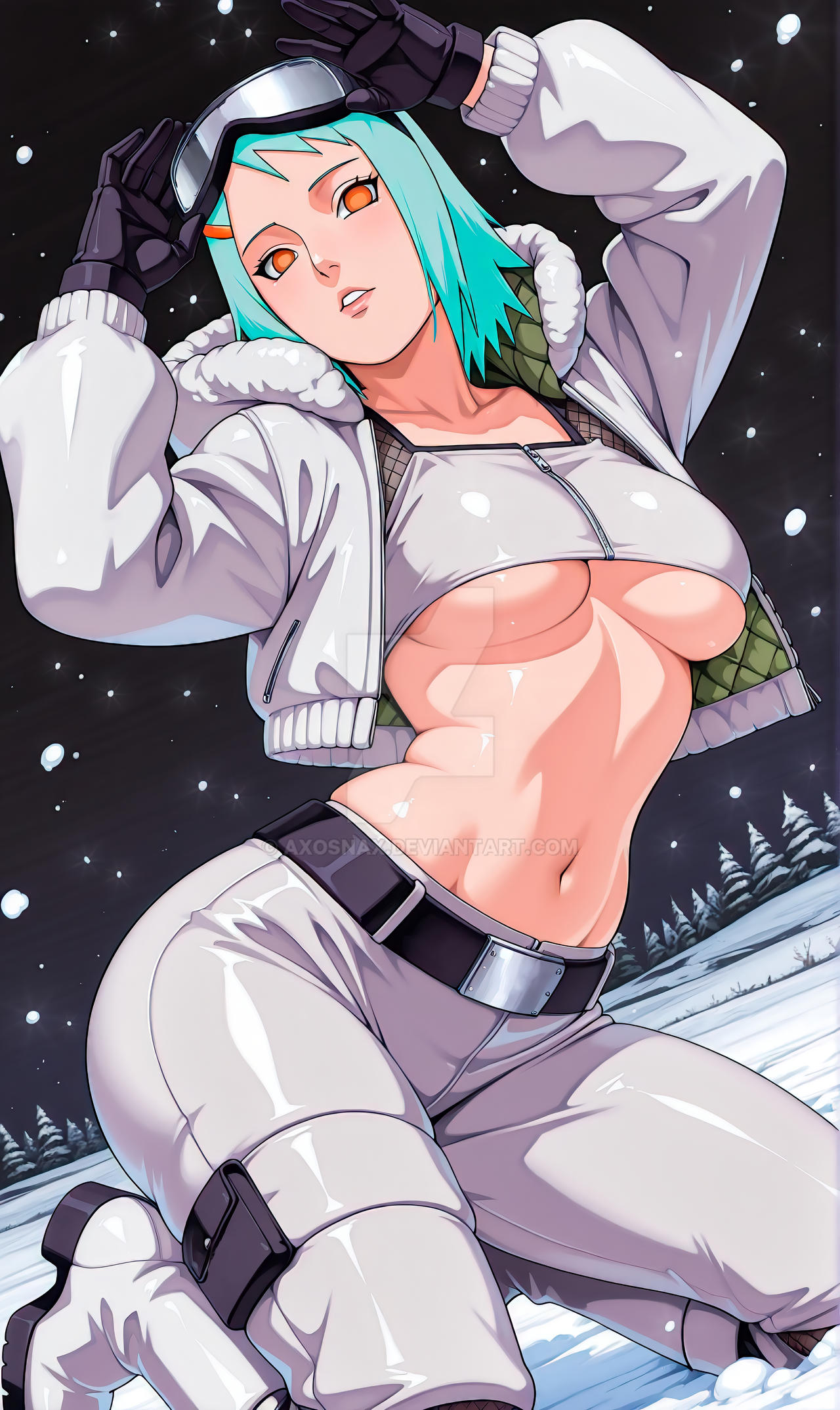 1girls, ai generated, axosnax, big breasts, blue body, breasts, exposed midriff, female, female only, fuu (naruto), green hair, light blue hair, light green hair, naruto, naruto (series), on knees, snow, solo, winter, winter clothes