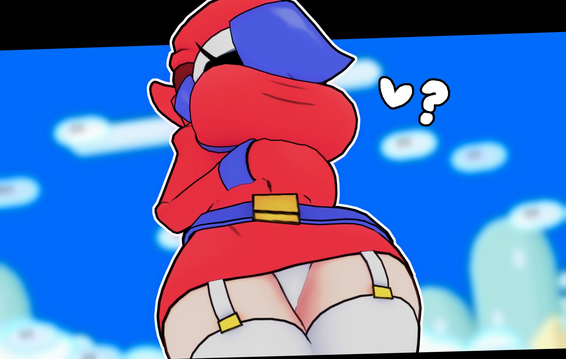 ?, 3d, belt, big breasts, blue hair, breasts, cryptiacurves, female, mario (series), oversized clothes, red clothing, shy gal, shygal (cryptiacurves), thick thighs, thighhighs, upskirt, white panties, white skin