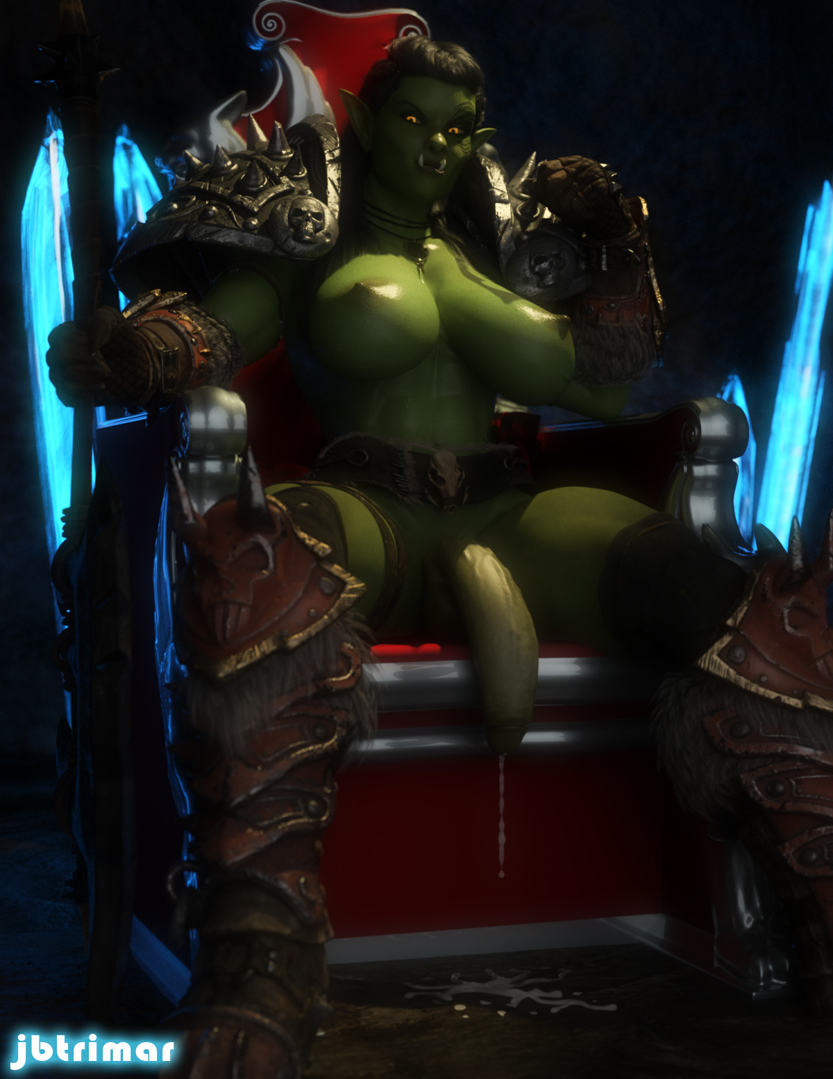 1futa, 3d, abs, amu botoneng, areolae, armor, balls, big breasts, breasts, cum, cum drip, dickgirl, flaccid, futa only, futanari, green skin, intersex, jbtrimar, large penis, looking at viewer, nipples, orc, orc futa, penis, pointy ears, solo, testicles, throne, veiny penis