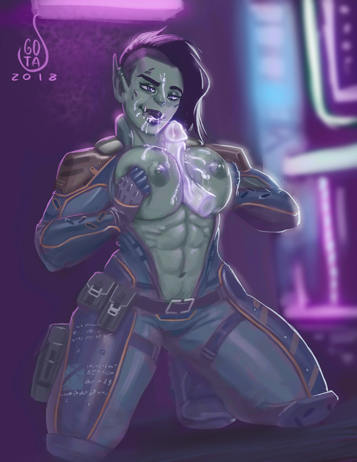 1boy 1girls 2018 abs areolae armor asymmetrical_hair belt black_hair black_lipstick blurry_background bodysuit boots breast_press breasts breasts_out cum_on_breasts cum_on_face cum_on_upper_body cum_string dated disembodied_penis duo earrings faceless_male female full_body gloves gotalex green_nipples green_skin humanoid kneeling large_breasts licking_lips lipstick long_hair magic_penis male muscles muscular muscular_female navel nipples no_bra open_mouth orc orc_female outercourse paizuri pink_eyes pointy_ears puffy_nipples serratus_anterior shoulder_pads signature solo_focus straight tongue tongue_out tusks undercut unzipped