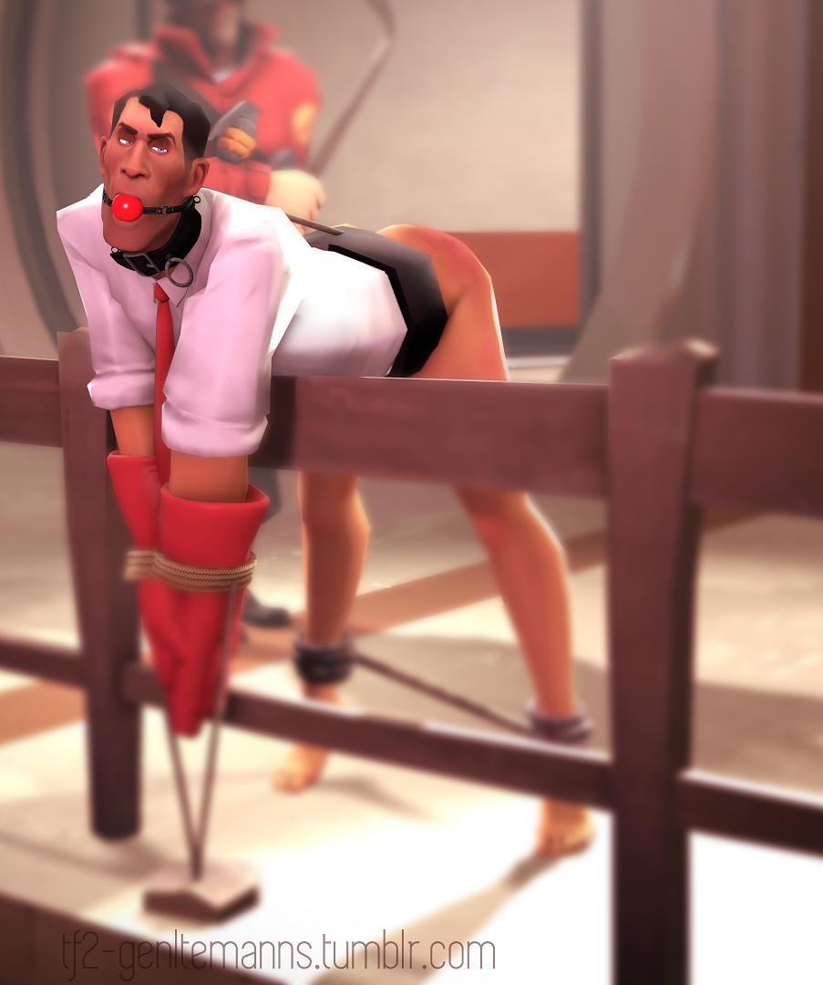 2boys 3d against_fence ball_gag black_hair bondage bottomless collar domination gag gray_eyes hockey_stick human human_male human_only looking_to_the_side male male_only medic medic_(team_fortress_2) muzzle_(object) muzzled necktie no_visible_genitalia soldier soldier_(team_fortress_2) spreader_bar team_fortress_2 tf2_gentlemanns tf2_horny_manns tied_up whip_marks wrists_tied yaoi