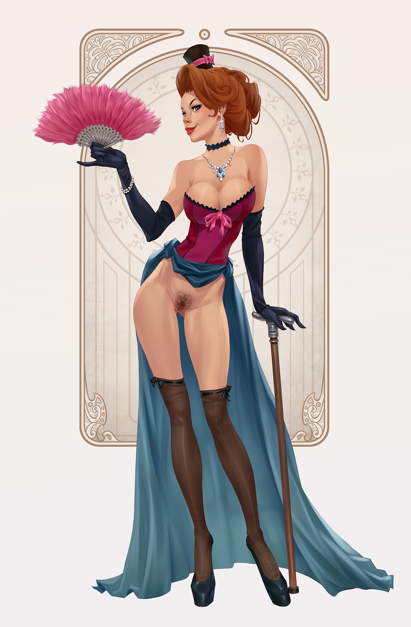 brown hair, choker, cleavage, corset, elbow gloves, female, hat, highres, pendant, pubic hair, pussy, rino99, solo, standing, stockings