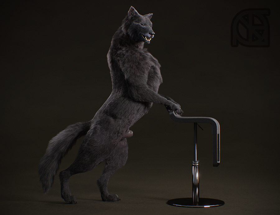 3d animal_genitalia anthro black_fur black_nose canine chair claws cosmiclife feral fur male mammal penis pinup pose realistic romeo_(cosmiclife) semi-anthro sheath solo standing stool teeth wolf