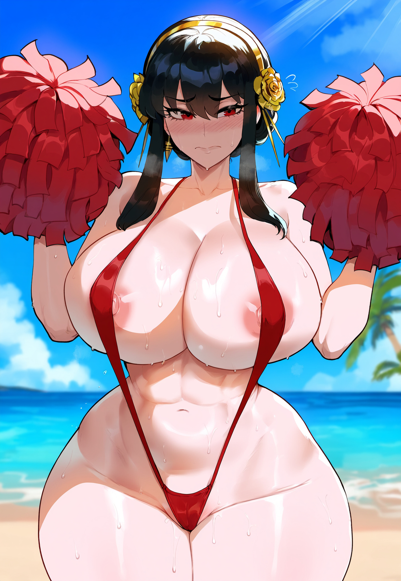 ai generated, big breasts, bikini, breasts, cleavage, erect nipples, female, female only, huge breasts, large breasts, nipples, slingshot bikini, slingshot swimsuit, thick, thick thighs, yor briar, yor forger