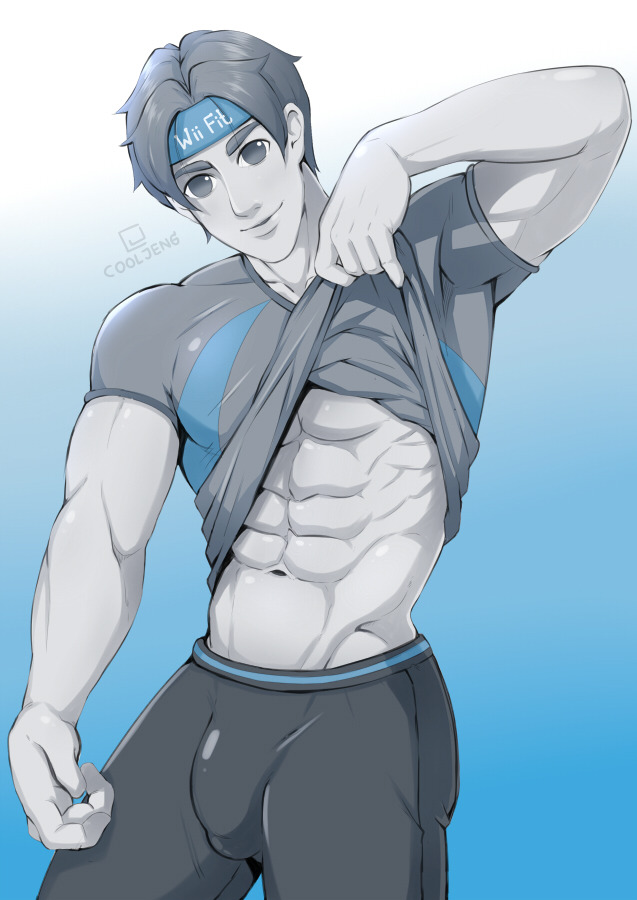 1boy abs cooljeng grey_eyes grey_hair headband looking_at_viewer male male_only muscles original_character sportswear standing tight_clothing wii_fit wii_fit_trainer wii_fit_trainer_(male)