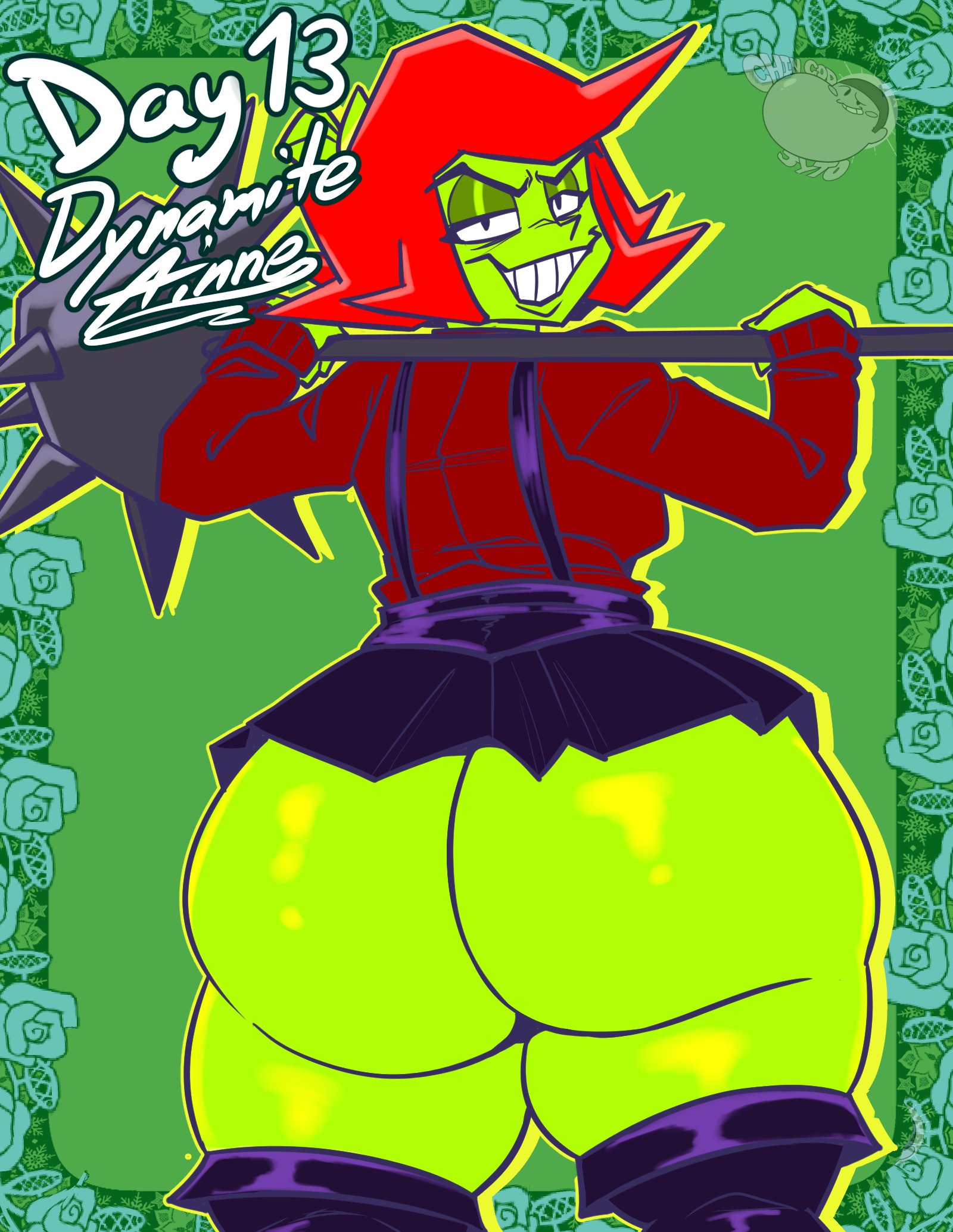 annie bell, antonblast, curvaceous, curvaceous female, curvaceous figure, curves, curvy, curvy body, curvy female, curvy figure, curvy hips, dark hair, dynamite annie, femalt, green body, green skin, hair, jyto, jyto yukumaza, looking at viewer, looking back, looking back at viewer, solo, thick, thick ass, thick butt, thick hips, thick legs, thick thighs, wide ass, wide hipped female, wide hips, wide thighs