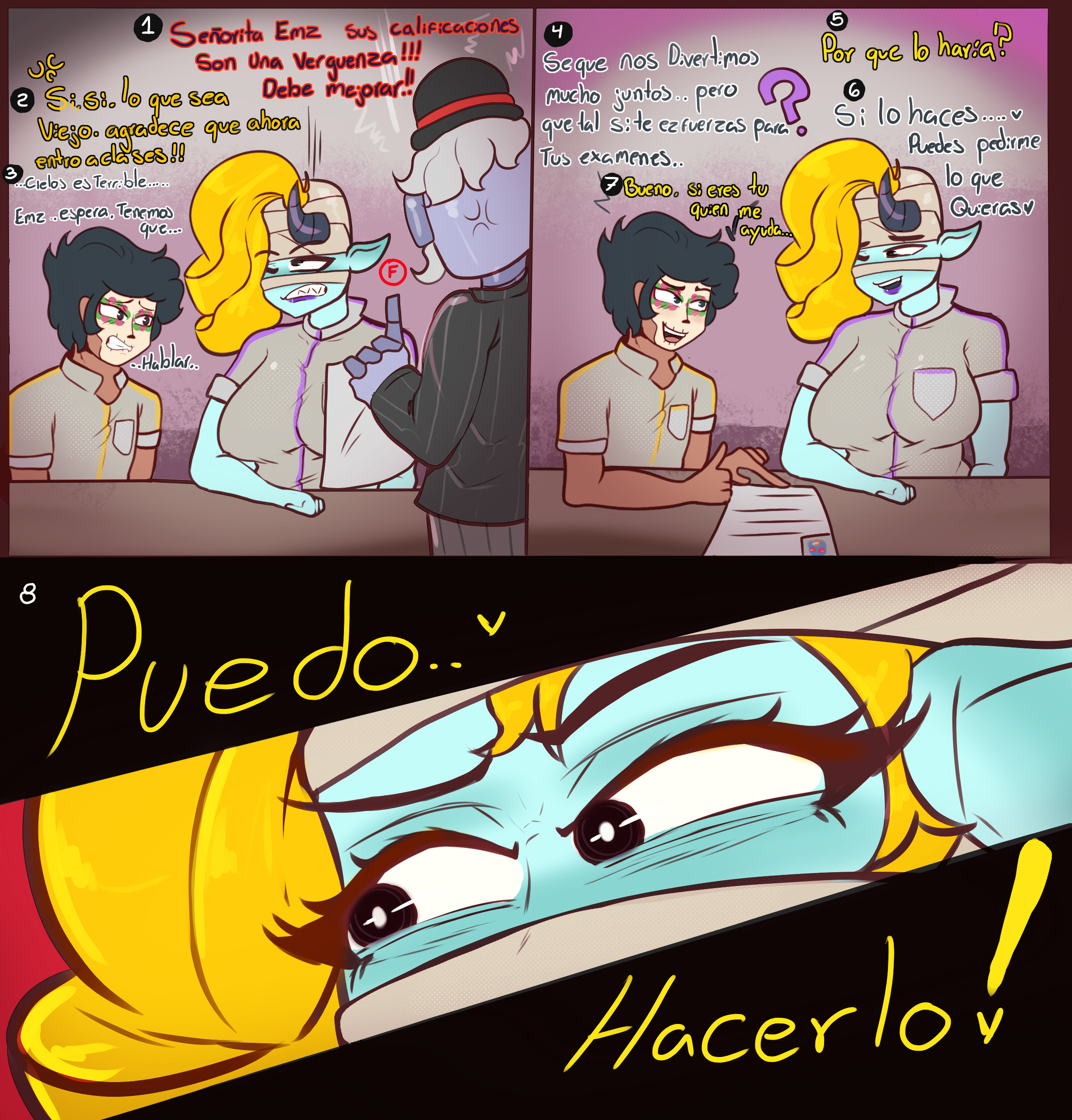 1boy, 1girls, bandaged head, bandages, barley (brawl stars), black hair, blonde female, blonde hair, blue skin, brawl stars, cctv poco (brawl stars), comic, comic page, dark skin, dark-skinned male, dialogue, emz (brawl stars), horn, imminent sex, lipstick, mean girl emz (brawl stars), poco (brawl stars), purple lipstick, sfcompany1e (artist), spanish text, text