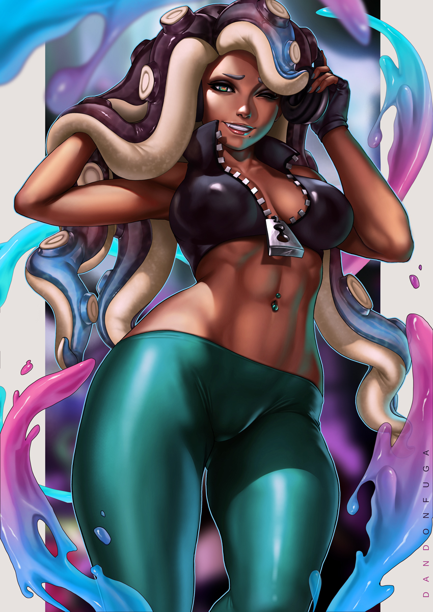 abs, breasts, cleavage, dandon fuga, dark skin, dark-skinned female, fang, female, female only, headphones, marina (splatoon), nintendo, octoling, smile, solo, splatoon, splatoon 2, wink, zipper pull tab