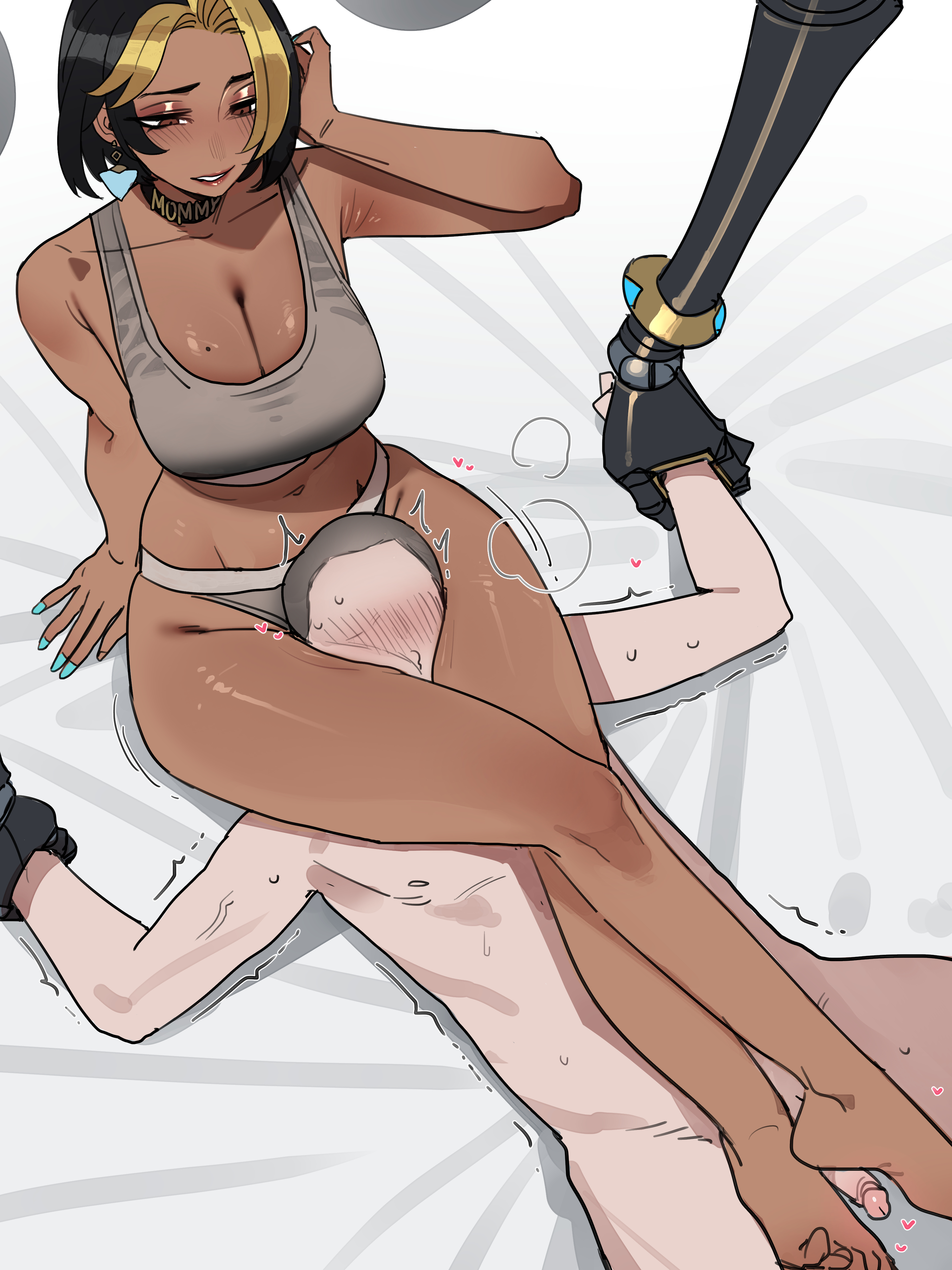 1boy, 1girls, 2d, big breasts, blonde hair, breasts, cleavage, dark skin, dark-skinned female, domina, female, femblacked, femdom, head between thighs, headscissor, large breasts, male, mechanical arm, mechanical arms, overwatch, pale skin, pale-skinned male, penis, ratatatat74, robotic arm, robotic arms, short hair, small penis, small penis adoration, two-tone hair