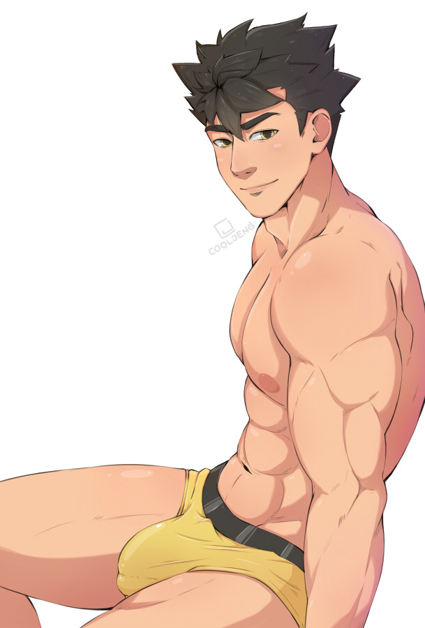 1boy abs black_hair cooljeng fullservice looking_at_viewer male male_only muscles nipples sitting underwear