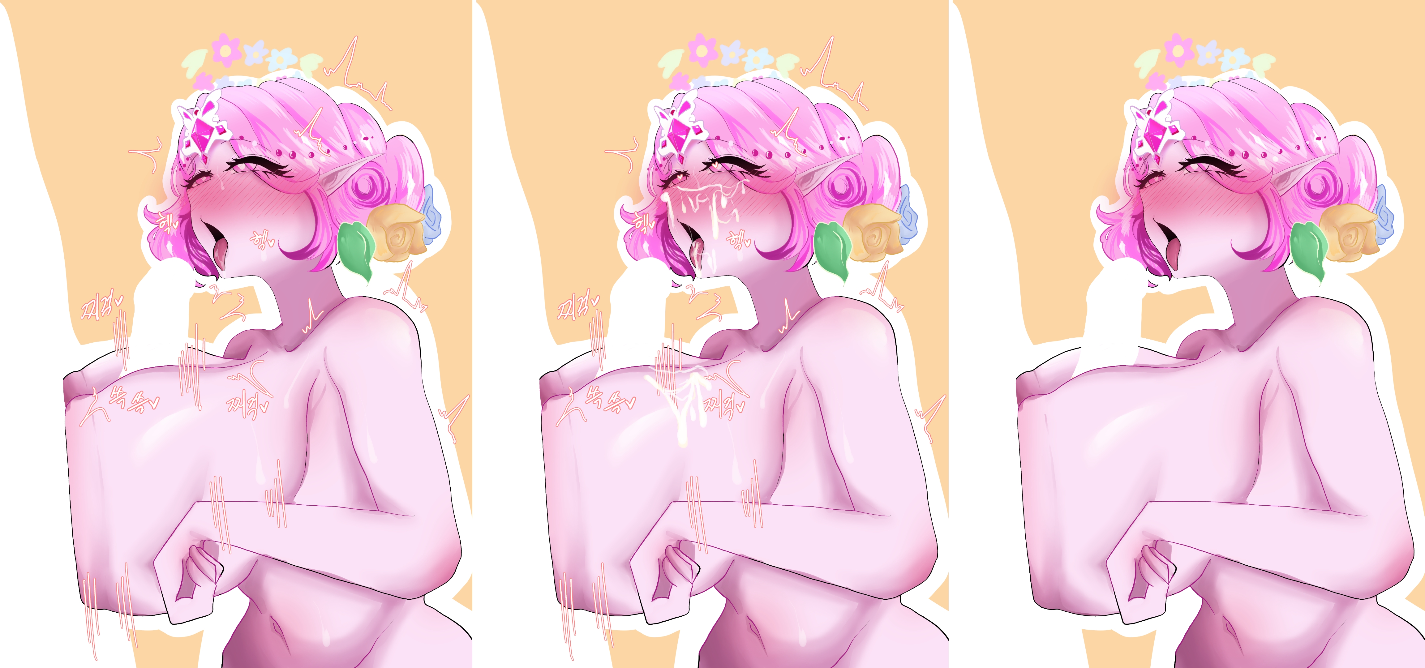 1female, 1male, 1man, 1woman, anonymous male, big breasts, blooming bringer of sloth, boobjob, breasts, breasts bigger than head, cookie run, cookie run kingdom, cum in mouth, cum on breasts, cum on face, cumshot, eternal sugar cookie, heart, heart eyes, heart-shaped pupils, male/female, naked female, tags request, tongue out, unknown character