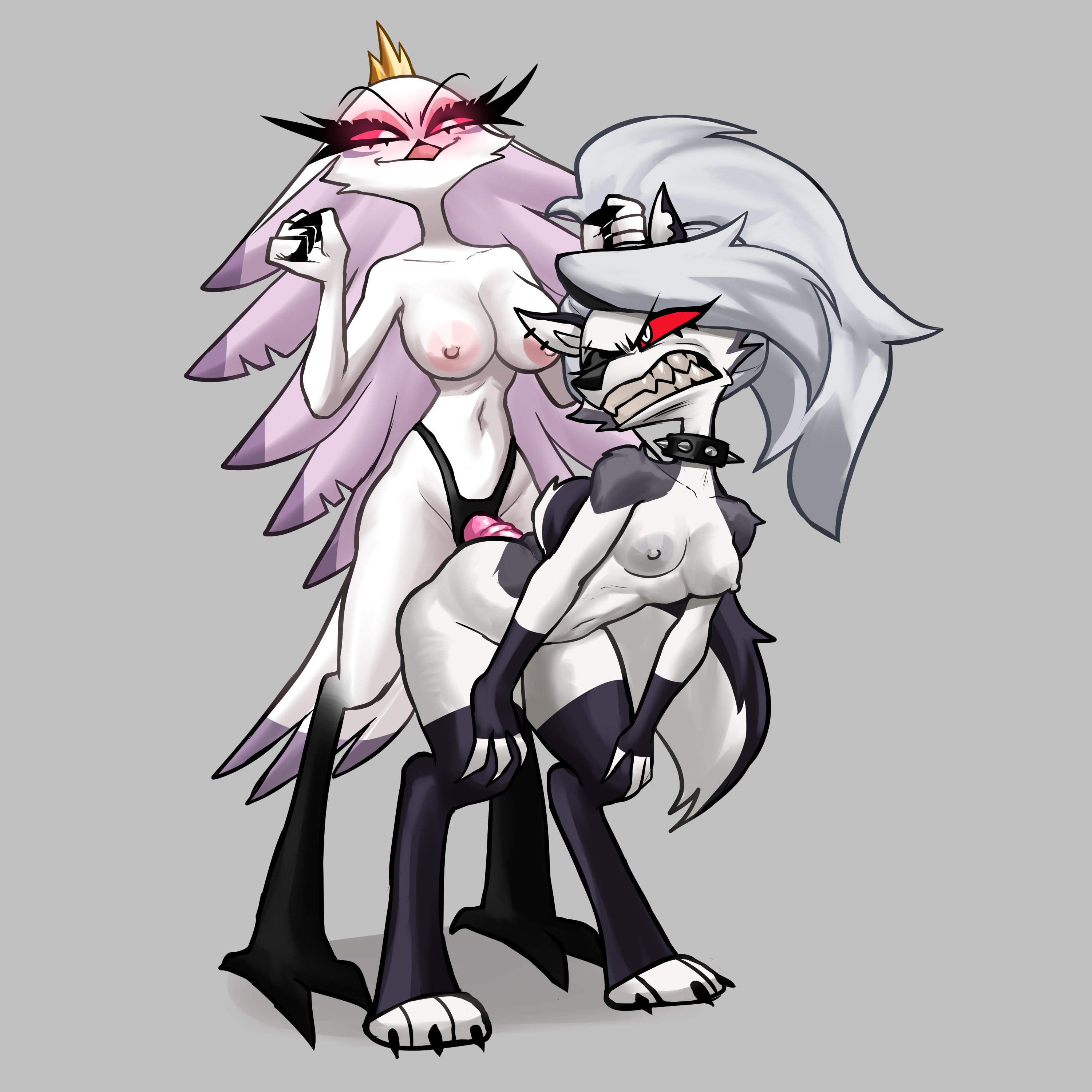 2girls, angry, avian, female only, femdom, furry, furry female, furry only, hellhound, helluva boss, hexecat, loona (helluva boss), pulling hair, smug, smug face, stella (helluva boss), strap-on, strapon, yuri