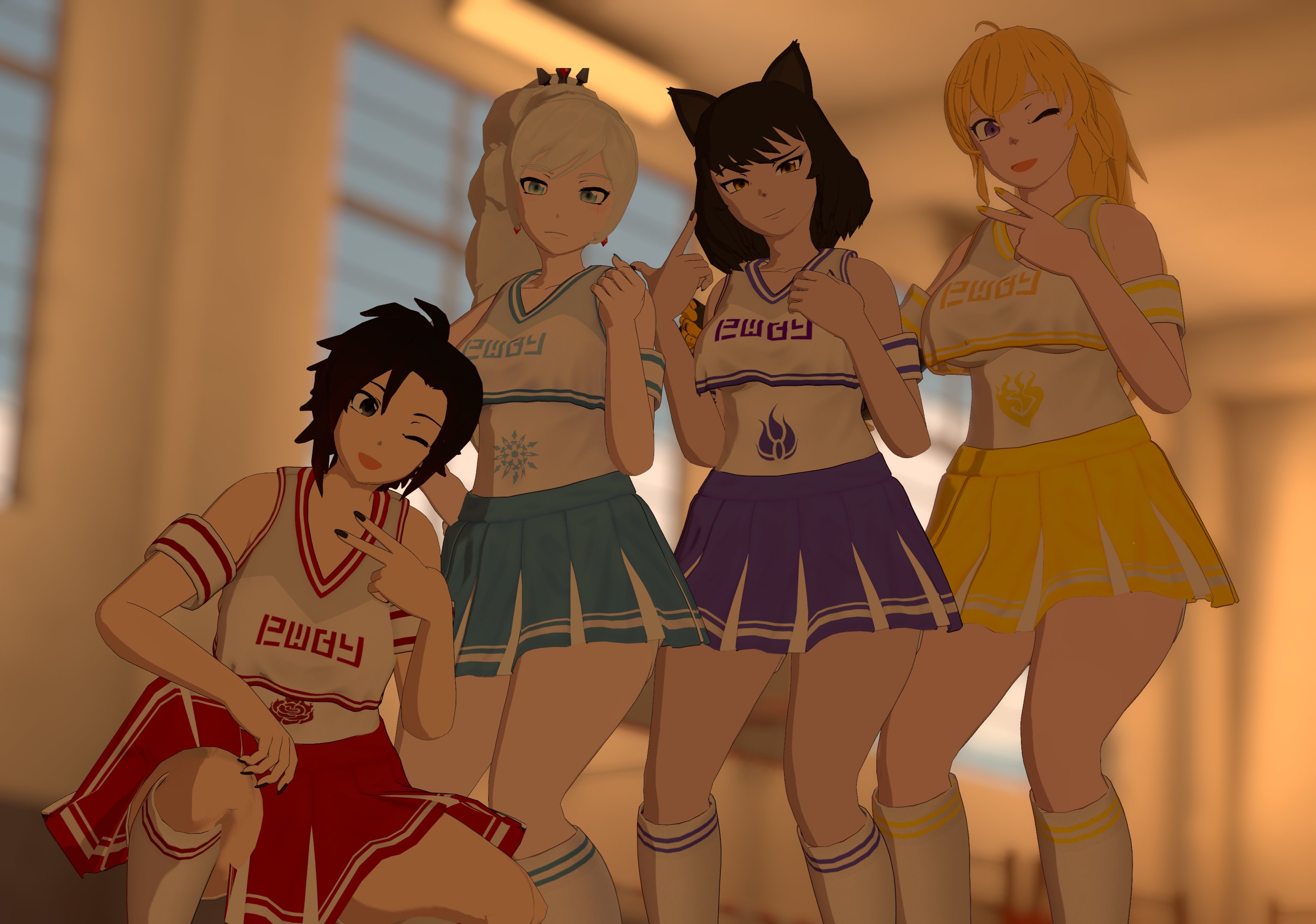 3d, 4girls, black hair, black hair female, blake belladonna, blonde female, blonde hair, blue eyes, cheerleader, cheerleader uniform, clothed female, female, female only, long hair, long hair female, nail polish, painted fingernails, painted nails, pleated skirt, pose, posing, purple eyes, red highlights, ruby rose, rwby, silver eyes, skirt, softserveneo, team rwby, weiss schnee, white hair, white hair female, yang xiao long, yellow eyes