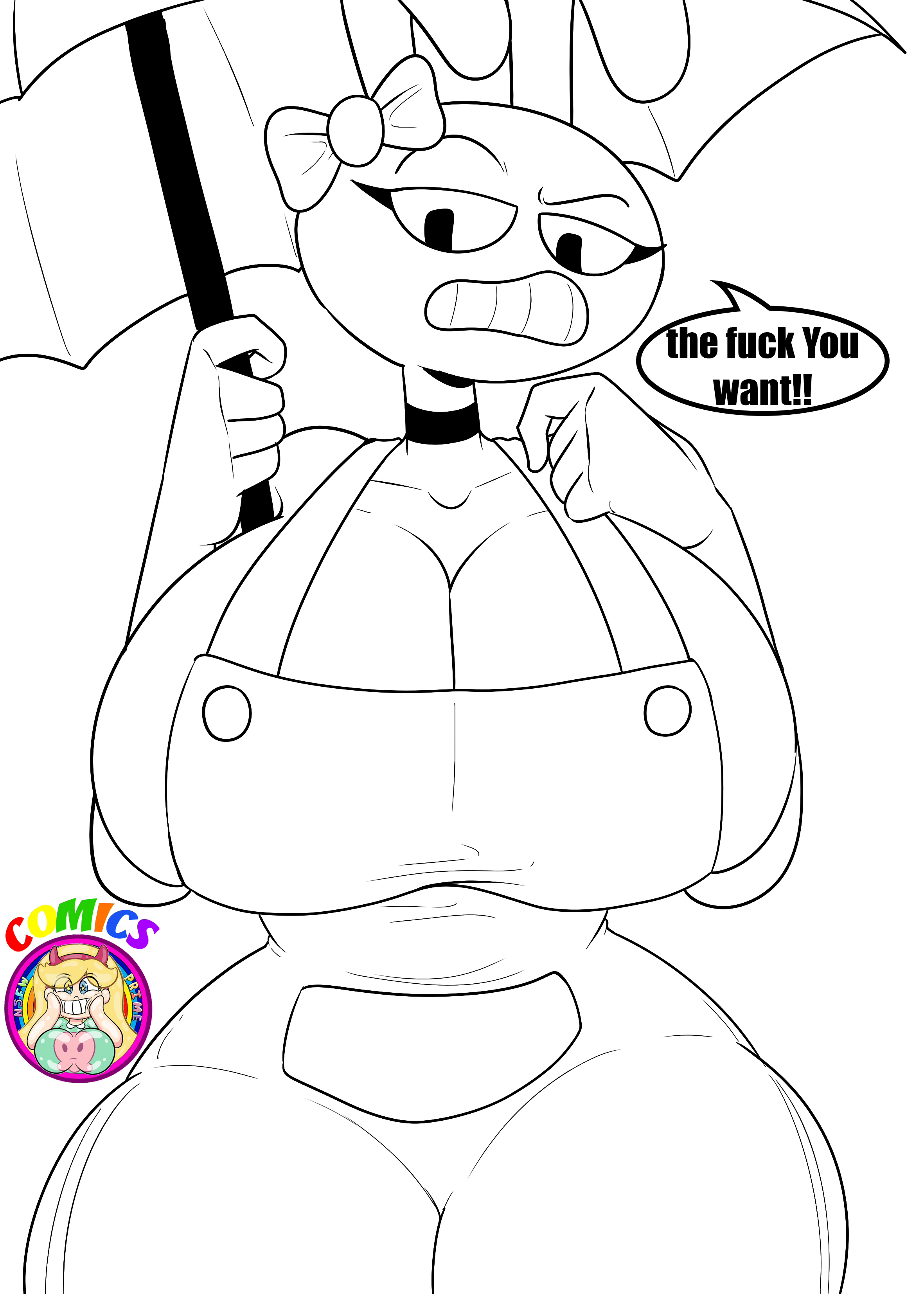 bow, bow ribbon, female jax, fully clothed, genderswap, genderswap (mtf), irritated, jax (the amazing digital circus), large breasts, large hips, large thighs, looking at viewer, overalls, rule 63, simple background, sketch, small waist, suspenders, tagme, text, text bubble, the amazing digital circus, umbrella, zaicomaster14