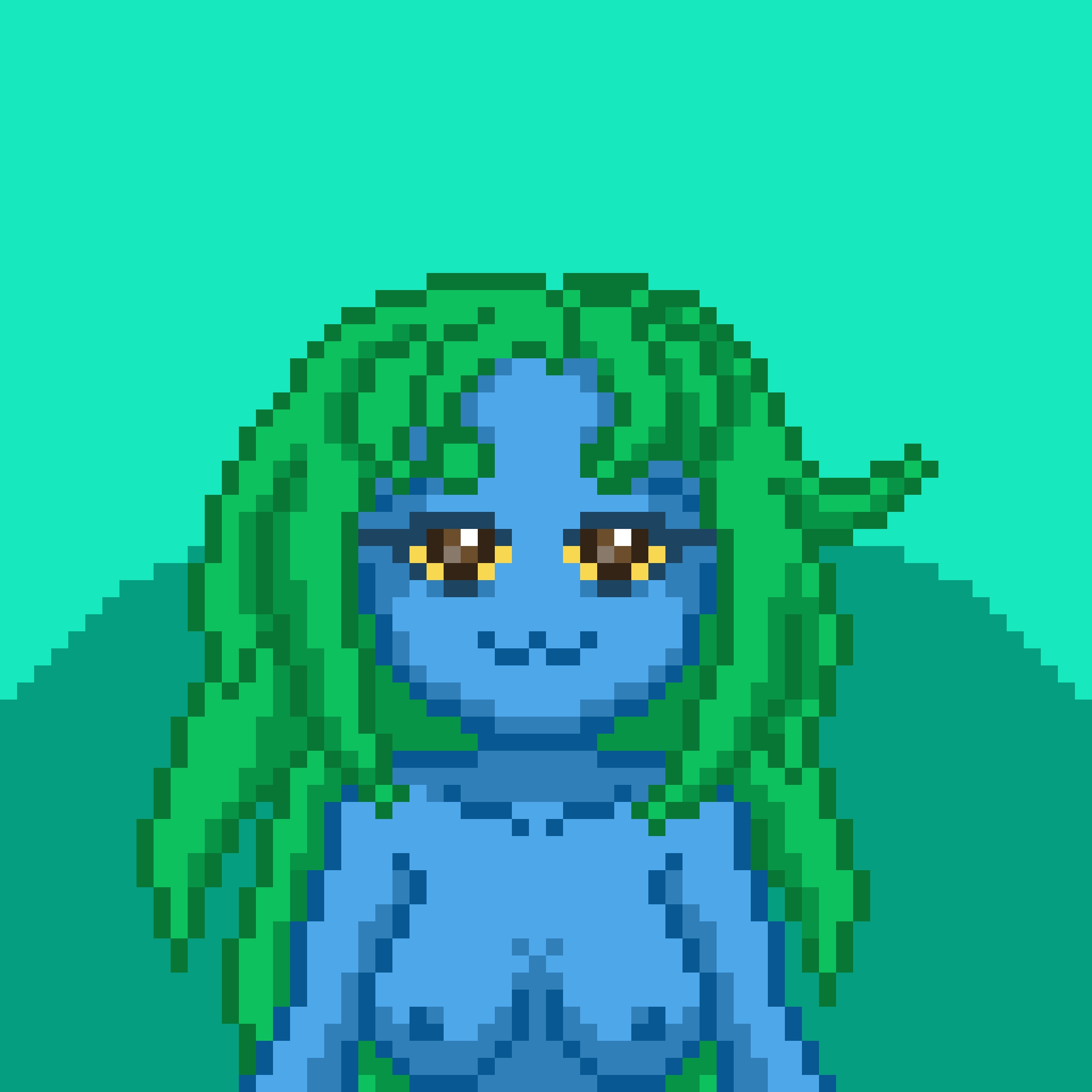 abstract_background alien alien_girl bare_shoulders blue_nipples blue_skin breasts drdood eyelashes female front_view green_hair hanging_breasts long_hair looking_at_viewer pixel_art queen_mieme shared_memories simple_background smile solo topless yellow_sclera