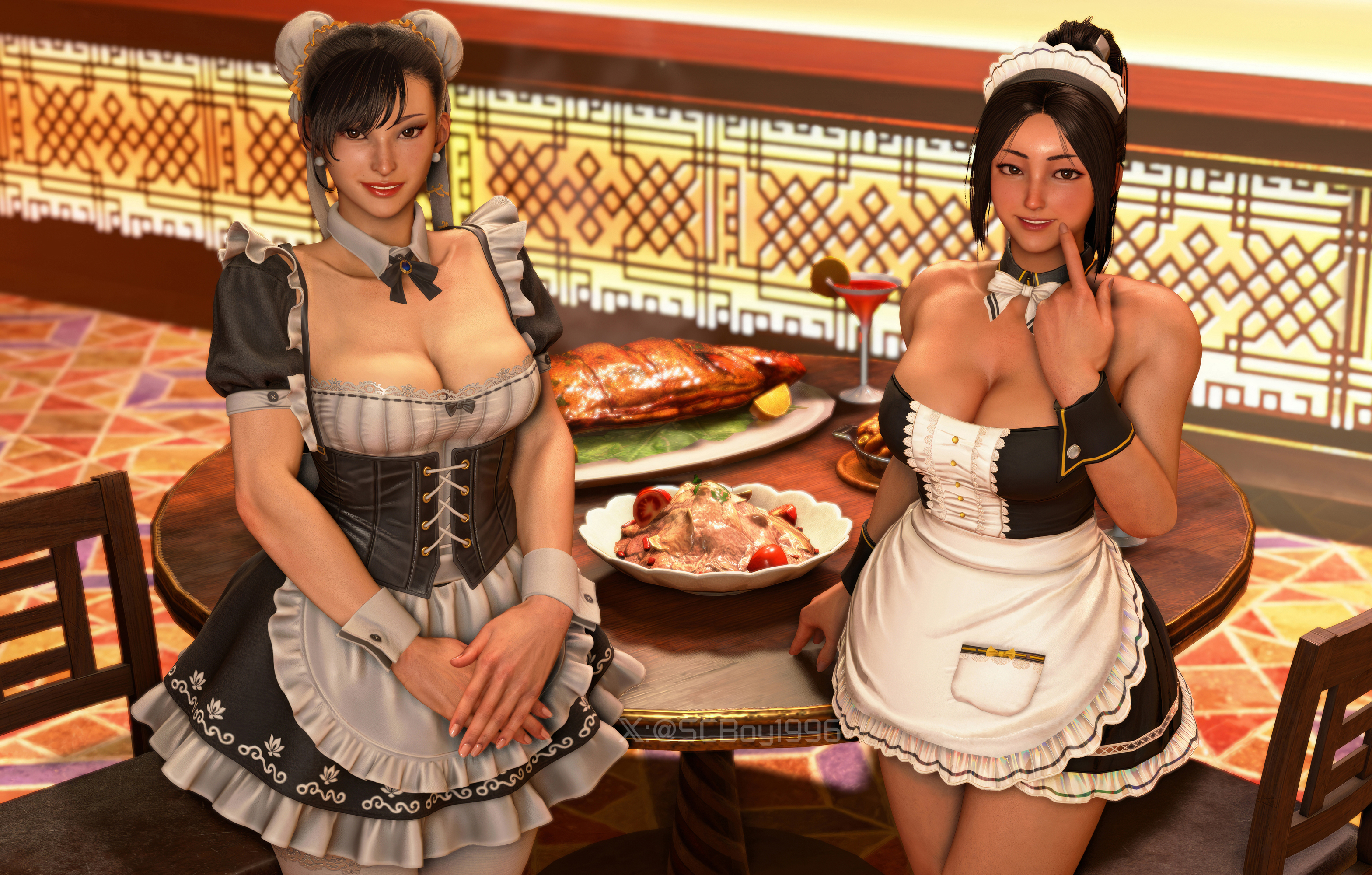 2girls, 3d, asian, asian female, busty, capcom, chinese, chinese female, chun-li, chun-li (street fighter 6), cleavage, fatal fury, female, highres, hourglass figure, japanese, japanese female, large breasts, looking at viewer, mai shiranui, mai shiranui (street fighter 6), maid, maid headdress, maid outfit, maid uniform, makeup, mod, screenshotboy96, smiling, smiling at viewer, snk, street fighter, street fighter 6, table, tagme, wide hips
