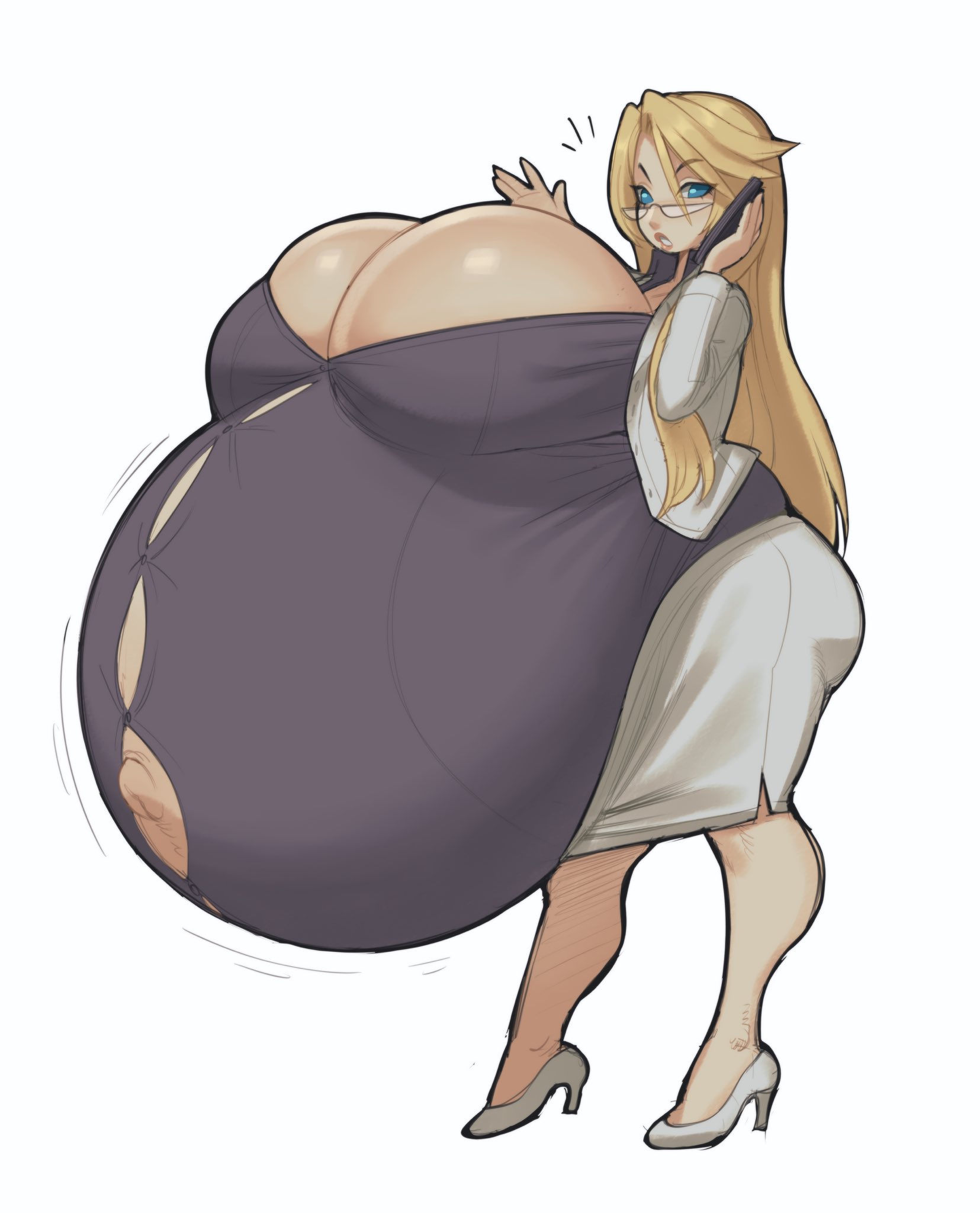 1girls, ass, barely contained breasts, big ass, blonde hair, blue eyes, blush, breasts, female, glasses, hellbrain, high heels, human, hyper pregnancy, lipstick, long hair, massive breasts, phone, phone call, popped navel, pregnant, someone else's oc, standing, stretched clothing, thick thighs, tight clothing, wide hips