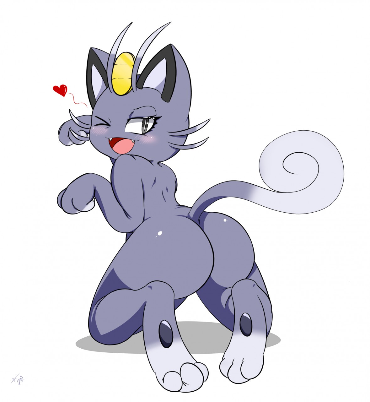 1girls, alolan meowth, ambiguous gender, anthro, ass, back, back view, big ass, big feet, blush, bubble ass, bubble butt, coin, fangs, feet, feline, female, furry, grey eyes, grey fur, heart, kamikitsu, kneeling, large ass, looking at viewer, looking back, meowth, nintendo, nude, open smile, paws, pokemon, pokemon sm, rear view, simple background, smile, solo, spoken heart, text, thick thighs, watermark, whiskers, white background, wide hips, wink
