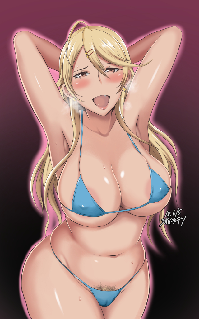 armpits, arms behind head, big breasts, bikini, blonde hair, blush, breasts, breath, cleavage, cute fang, deep armpits, fang, female, female only, glowing, large breasts, looking at viewer, pubic hair, shibusun, slightly chubby, solo, sweat