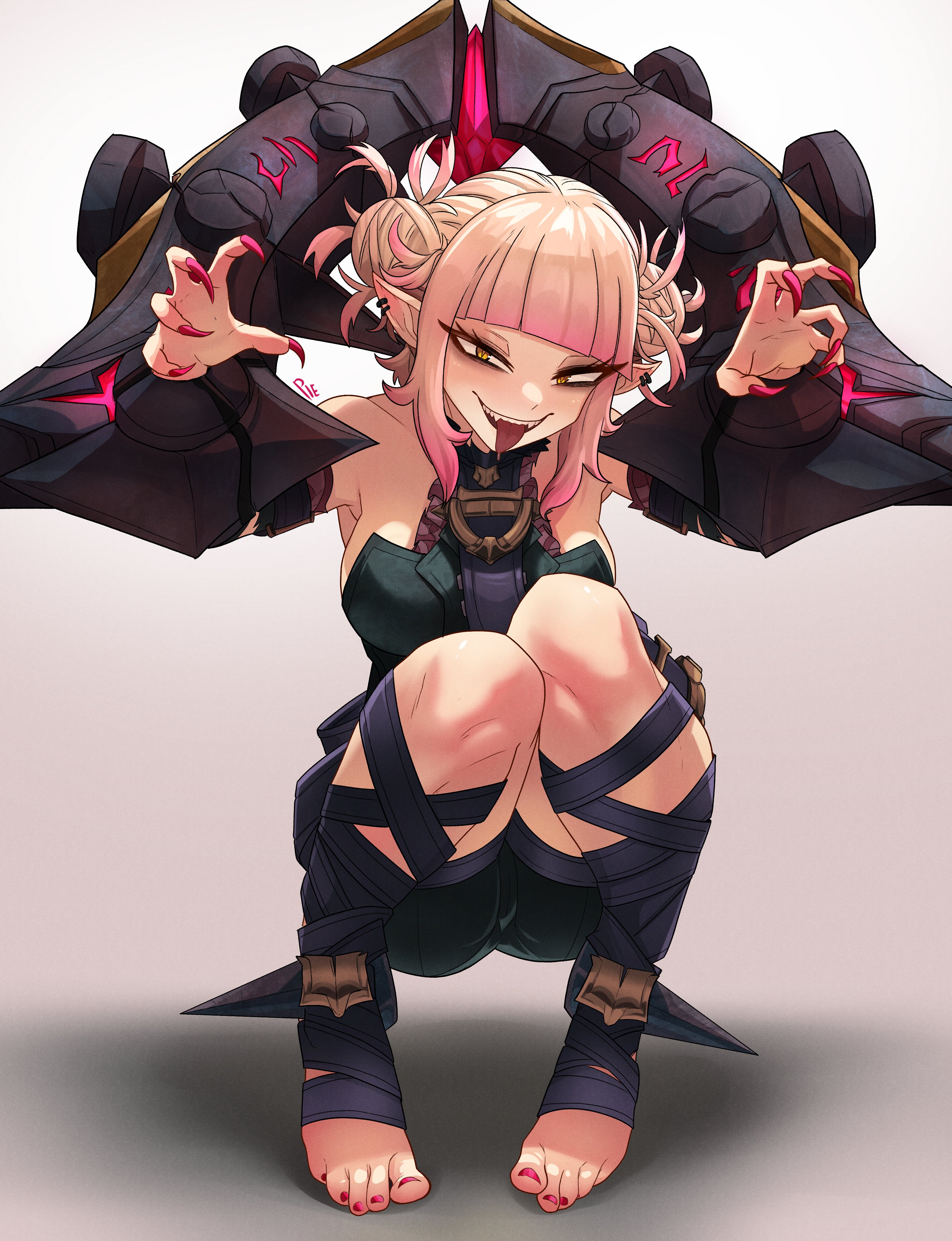 bare knees, bare shoulders, barefoot, blonde hair, briar (league of legends), briar (league of legends) (cosplay), feet, female, female only, foot fetish, foot focus, himiko toga, horny, horny female, league of legends, long tongue, my hero academia, naughty face, petite, pietheunusual, pillory, red toenail polish, red toenails, riot games, sadistic, sadistic smile, sharp teeth, smile, smiling at viewer, supervillainess, teasing, teasing viewer, toeless footwear, toeless legwear, toes, two-tone hair
