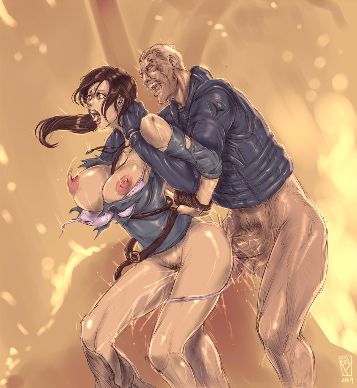 1boy, 1girls, arched back, areolae, arms behind back, big breasts, bondage, bottomless, bouncing breasts, bound wrists, breasts, captured, captured heroine, crying, crying with eyes open, cum, cum in pussy, cum inside, erection, exposed breasts, faymantra, female, from behind, from behind position, full lips, full nelson, helpless, human, human female, human male, lara croft, lara croft (survivor), large breasts, light-skinned female, male, maledom, nipples, open mouth, penis, rape, screaming, sex, slim waist, standing sex, straight, tomb raider, tomb raider (survivor), torn clothes, vaginal penetration, wide eyed, wide hips
