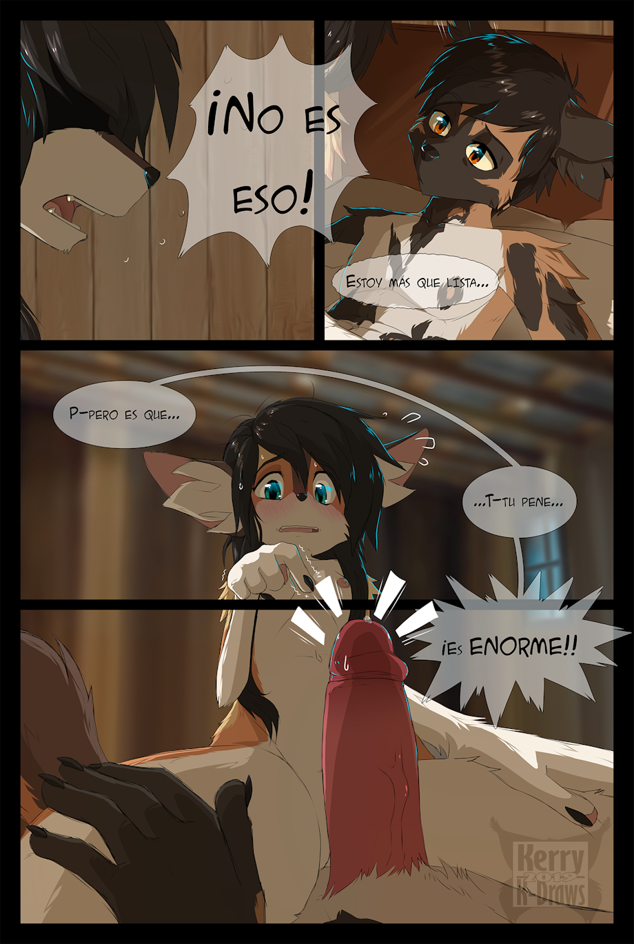 4_panel_comic african_wild_dog breasts canine comic duo female fennec fox inkbunny invalid_tag k-draws kerry kerryurei lycaon_pictus male mammal nipples penis shy spanish_dialogue spanish_text straight text virgin virginity_loss