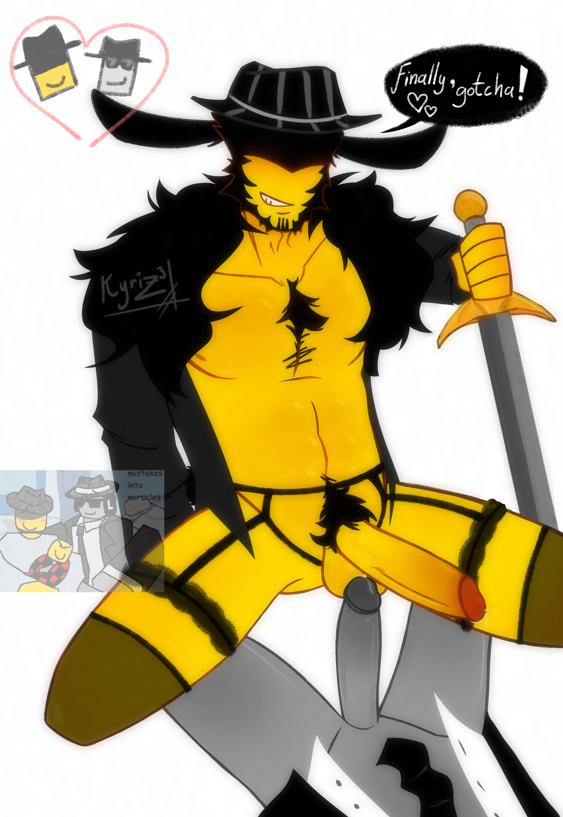 :3, 2boys, bunny ears, bunny tail, chance (forsaken), cock, erection, fedora, forsaken (roblox), gay, grey skin, happy, kyrizzz, lovers, mafioso (forsaken), male/male, meme in the background, on top, precum, roblox, roblox game, robloxian, self upload, sexy, smirking at partner, suit, yellow body