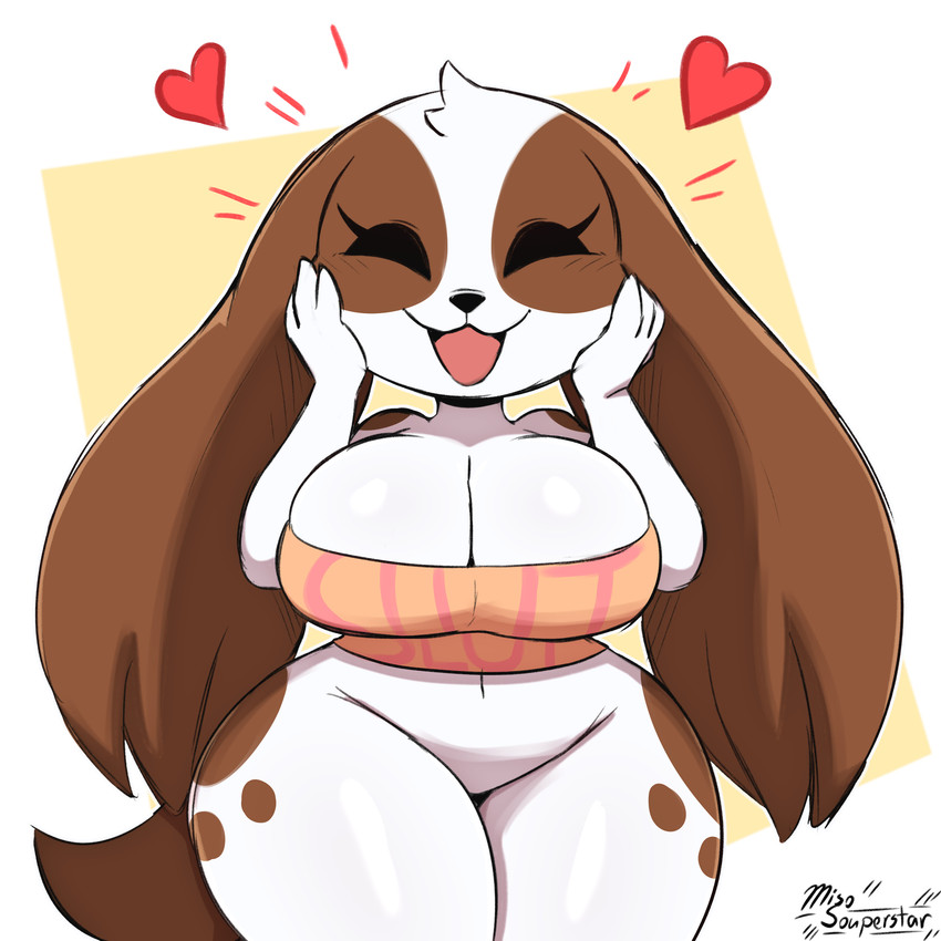 2026, 2d, 2d (artwork), 2d artwork, absurd res, anthro, artist logo, artist name, artist signature, big breasts, bird dog, black nose, blush, bottomless, breasts, brown body, brown fur, brown spots, canid, canine, canis, cavalier king charles spaniel, closed eyes, clothed, clothing, domestic dog, english text, featureless crotch, female, floppy ears, fur, hand on cheek, hand on face, head tuft, heart symbol, hi res, huge breasts, huge thighs, hunting dog, mammal, markings, miso souperstar, mocha (miso souperstar), mocha wanko (miso souperstar), open mouth, orange clothing, orange shirt, orange topwear, shirt, shortstack, smile, solo, spaniel, spots, spotted body, spotted fur, text, text on clothing, text on shirt, text on topwear, thick thighs, topwear, toy dog, tuft, white body, white fur, wide hips