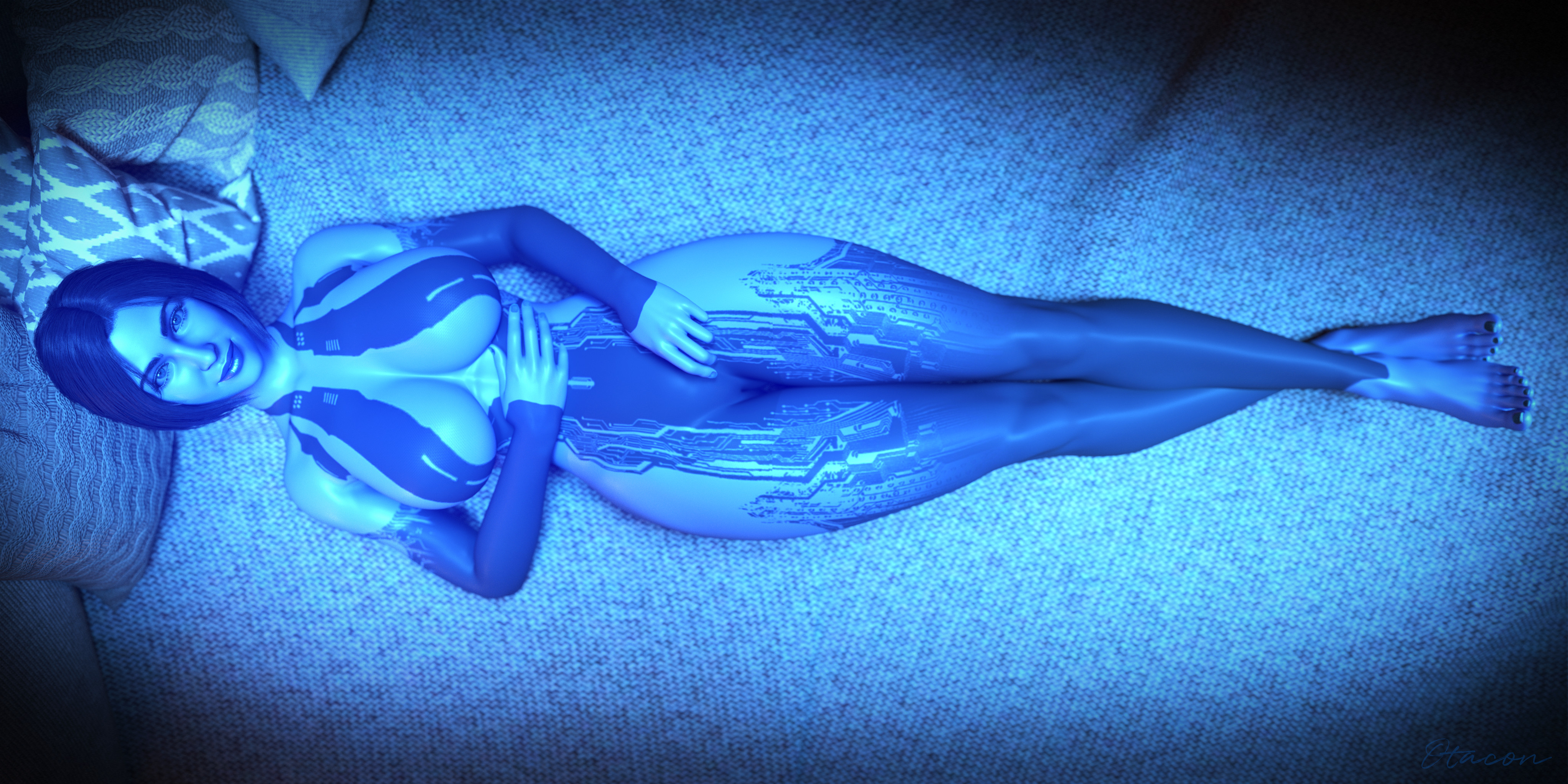 3d, blender, blue background, blue body, blue eyes, blue hair, blue skin, cortana, enjoying, halo (game), halo (series), halo 4, highres, looking at another, looking at viewer, looking pleasured, otacon212, video game character