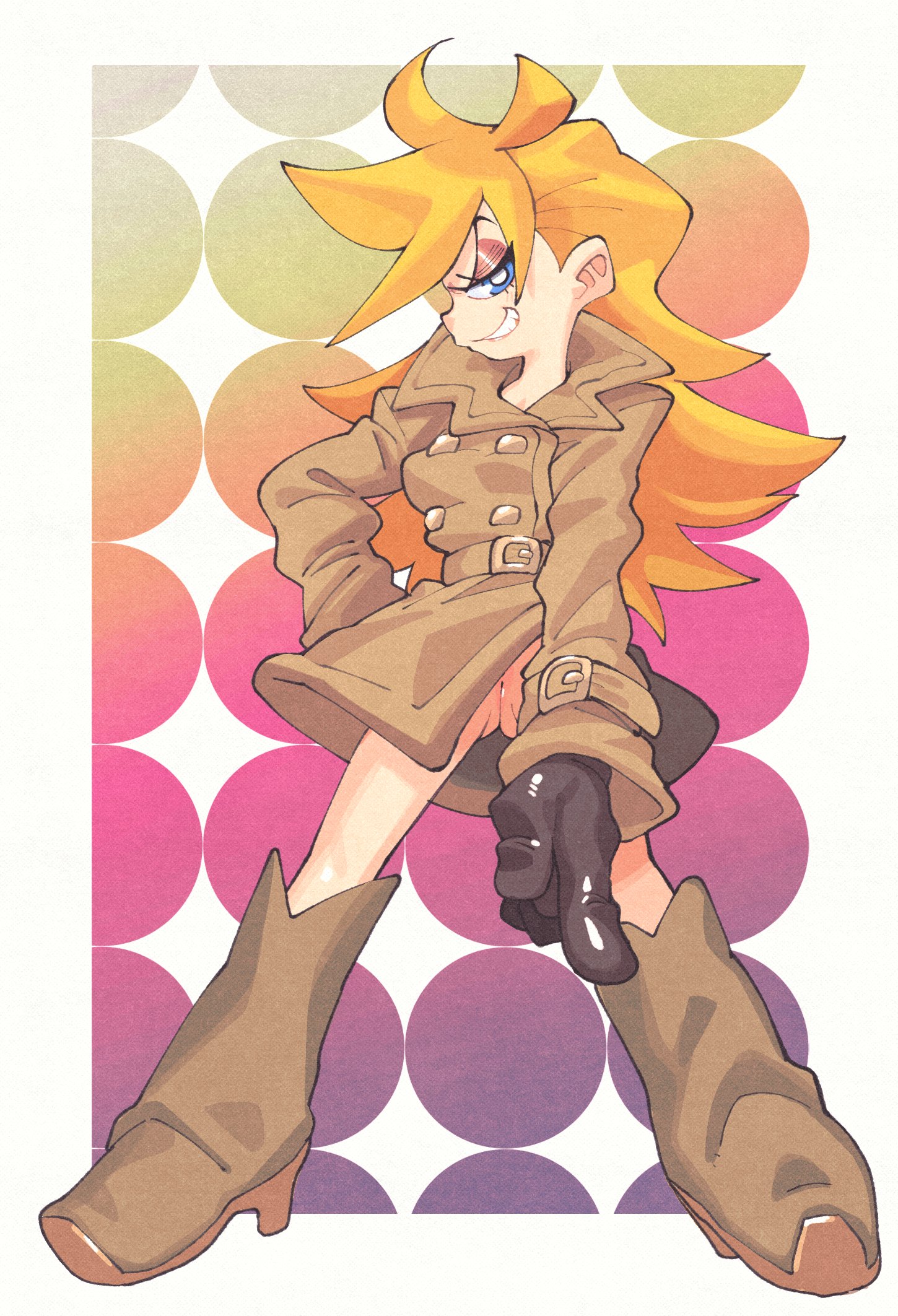 1girls, blonde hair, bottomless, cameltoe, coat, female, gloves, heels, high heels, inkerton-kun, inkuusan, naked coat, no panties, panty & stocking with garterbelt, panty anarchy, pussy, smile, spread legs