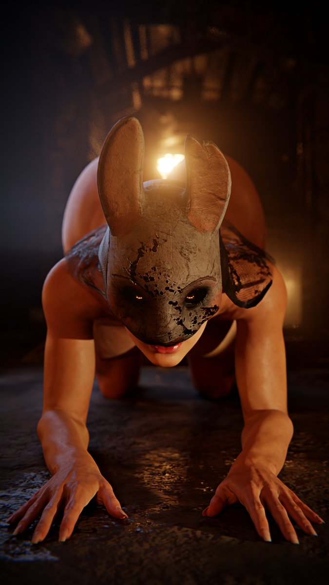 3d, anna (dead by daylight), back view, big butt, dbd, dead by daylight, different angle, feet, female, huntress (dead by daylight), looking at viewer, masked female, mommy, on the ground, orange eyes, r3xstone, solo female, tall female, the huntress (dead by daylight)
