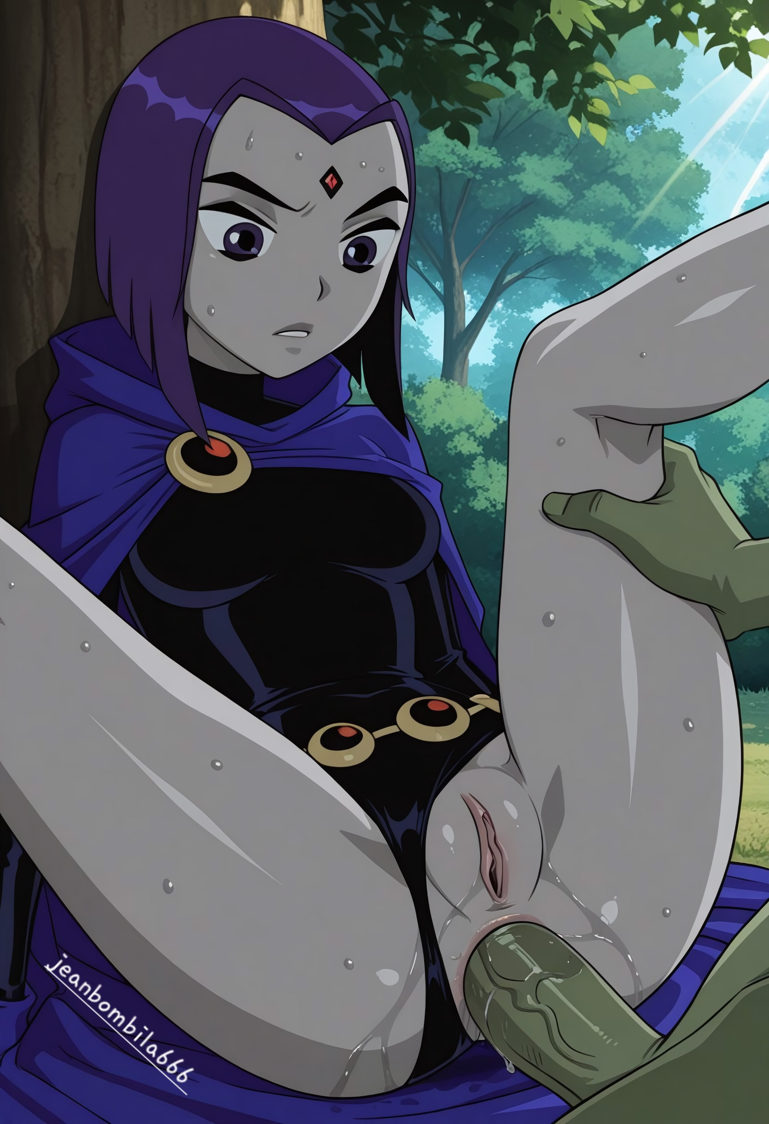 ai generated, anal, anal insertion, anal sex, bored expression, bunny ears, dc, dc comics, female, goth, goth girl, gothic, jeanbombila666, male, masturbation, pussy juice, raven (dc), teen titans